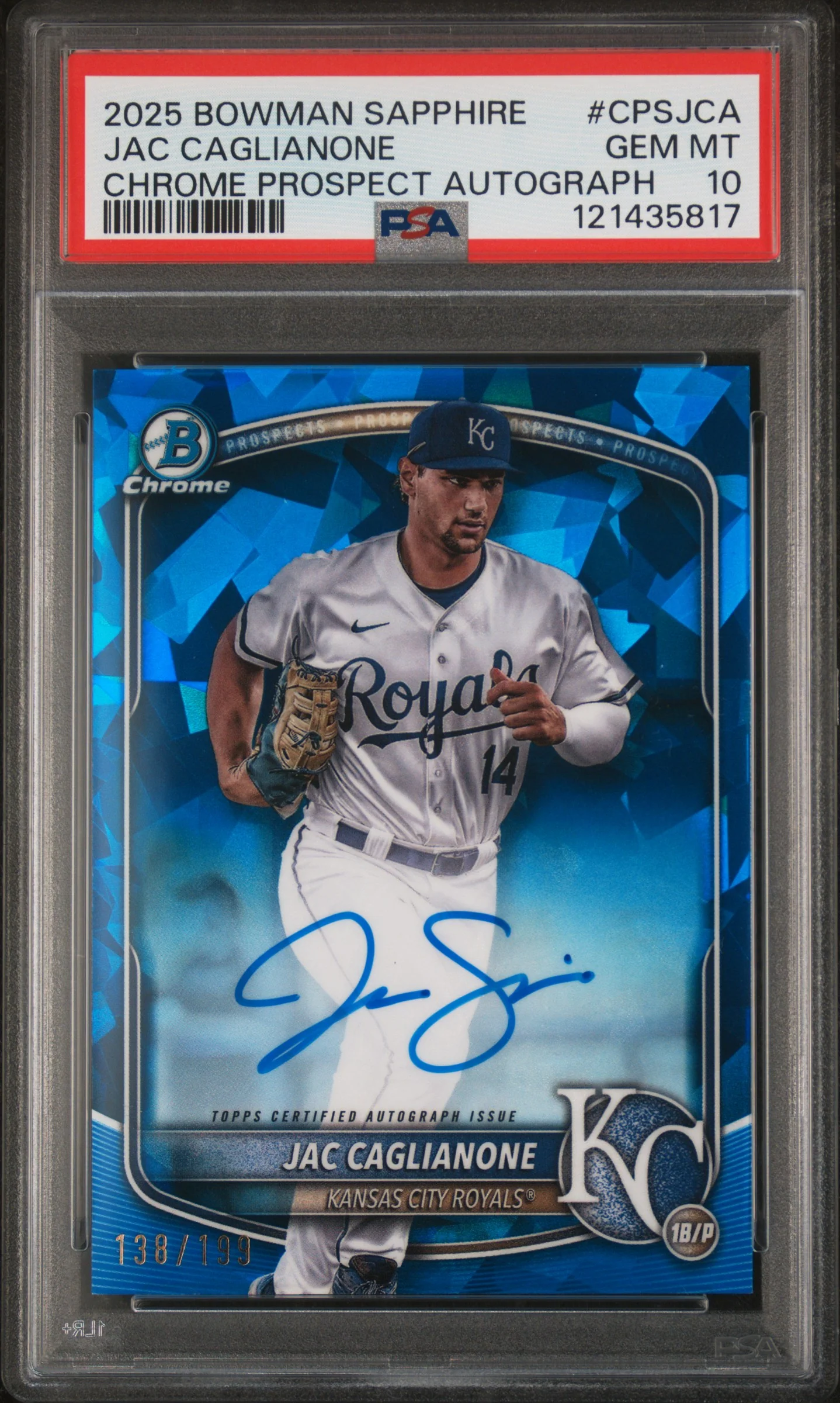 JAC CAGLIANONE | 2025 BOWMAN SAPPHIRE EDITION CHROME PROSPECTS SAPPHIRE AUTOGRAPHS CPSJCA | CHROME PROSPECT AUTOGRAPH | PSA GEM MT 10