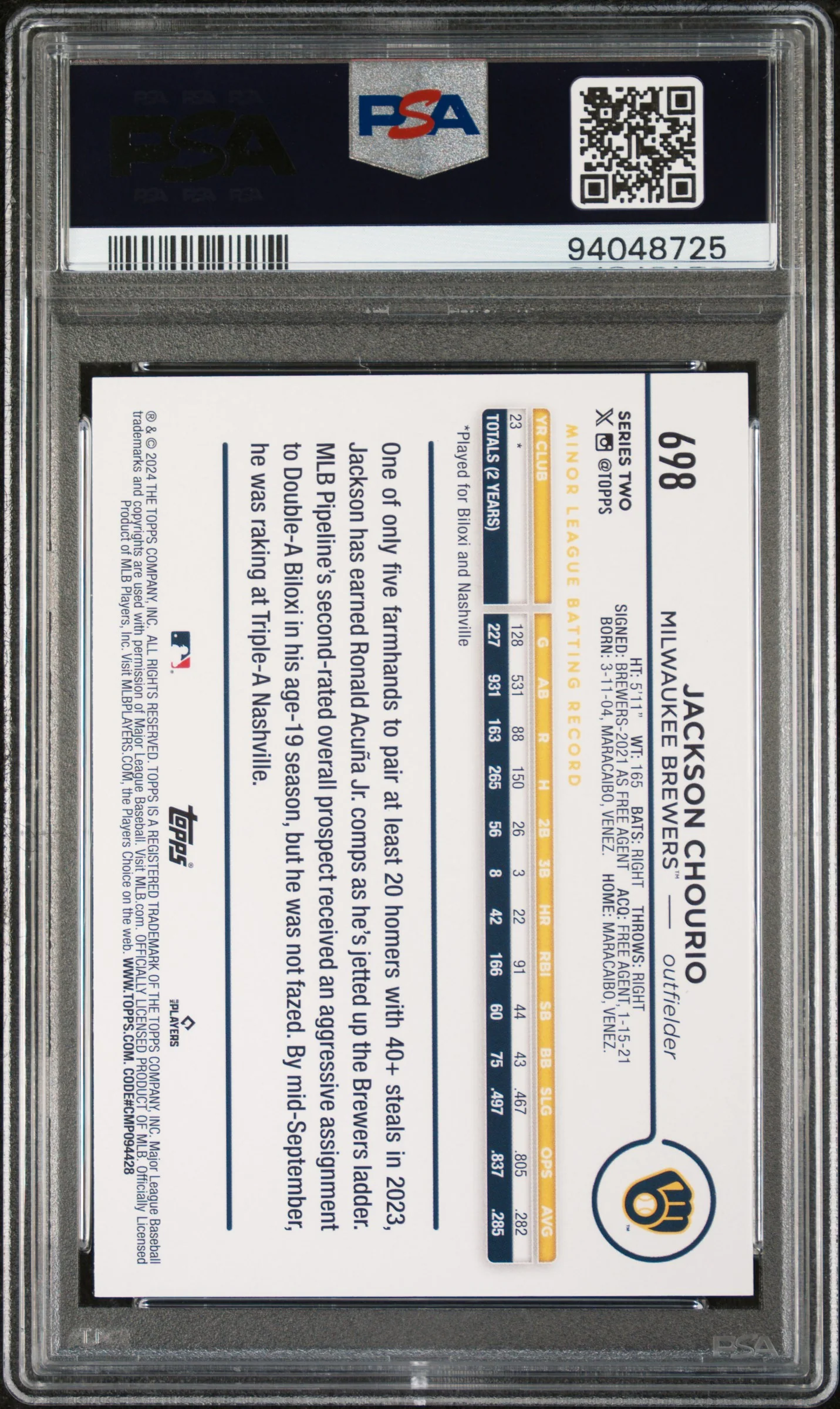 JACKSON CHOURIO | 2024 TOPPS 698 | SP | PSA GEM MT 10 - Image 2
