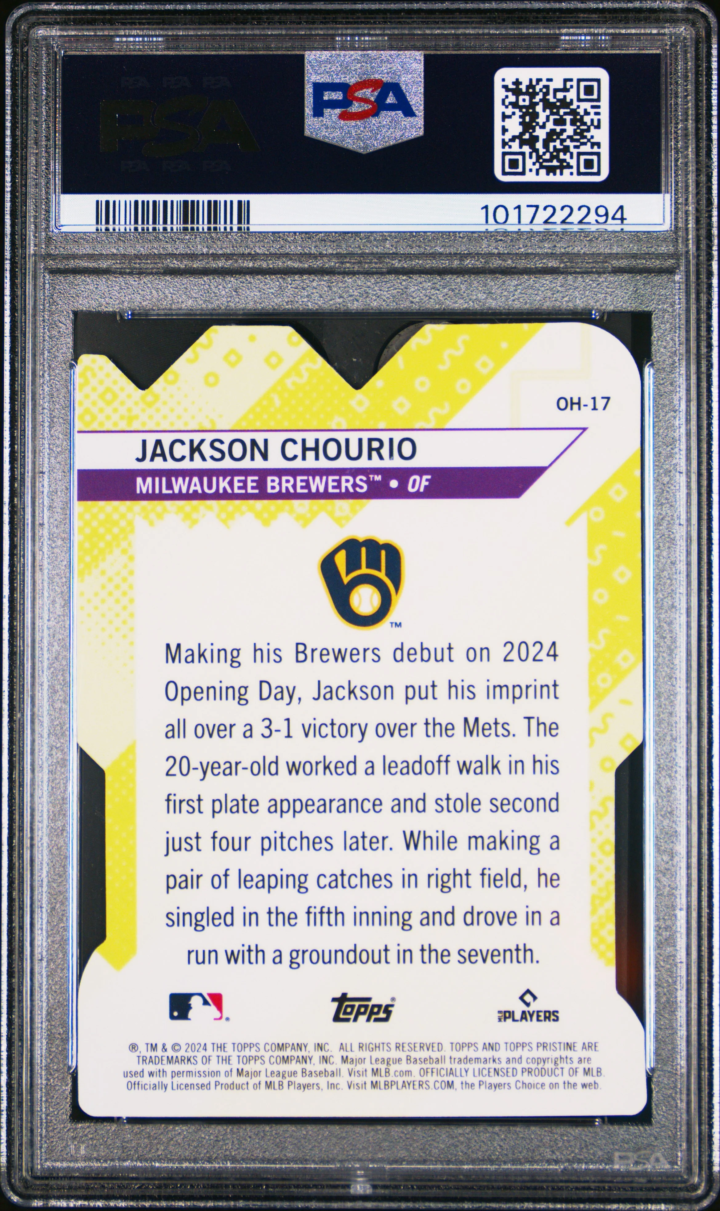 JACKSON CHOURIO | 2024 TOPPS PRISTINE OH SNAP! OH17 | PSA MINT 9 - Image 2