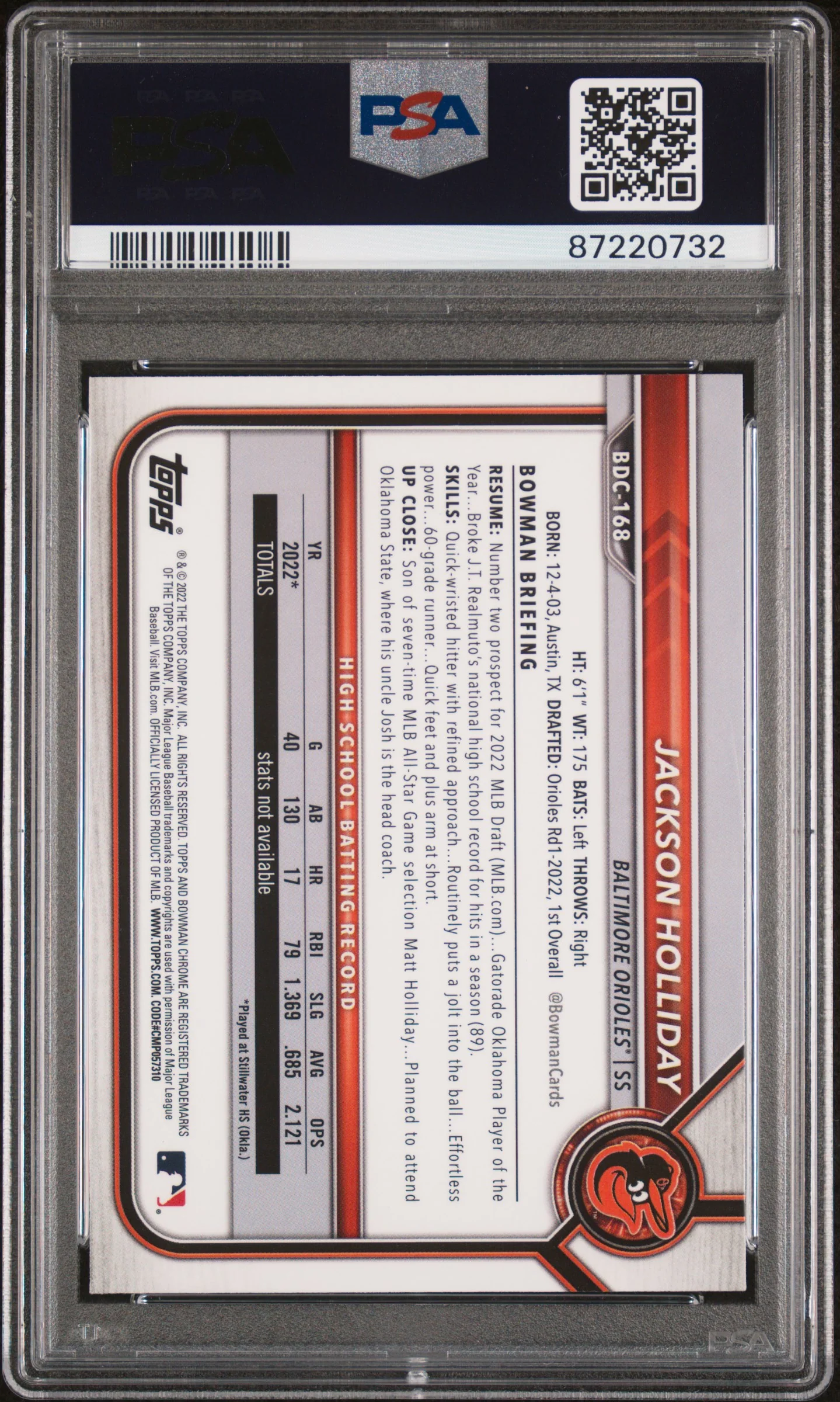 JACKSON HOLLIDAY | 2022 BOWMAN DRAFT BDC168 | CHROME | PSA MINT 9 - Image 2