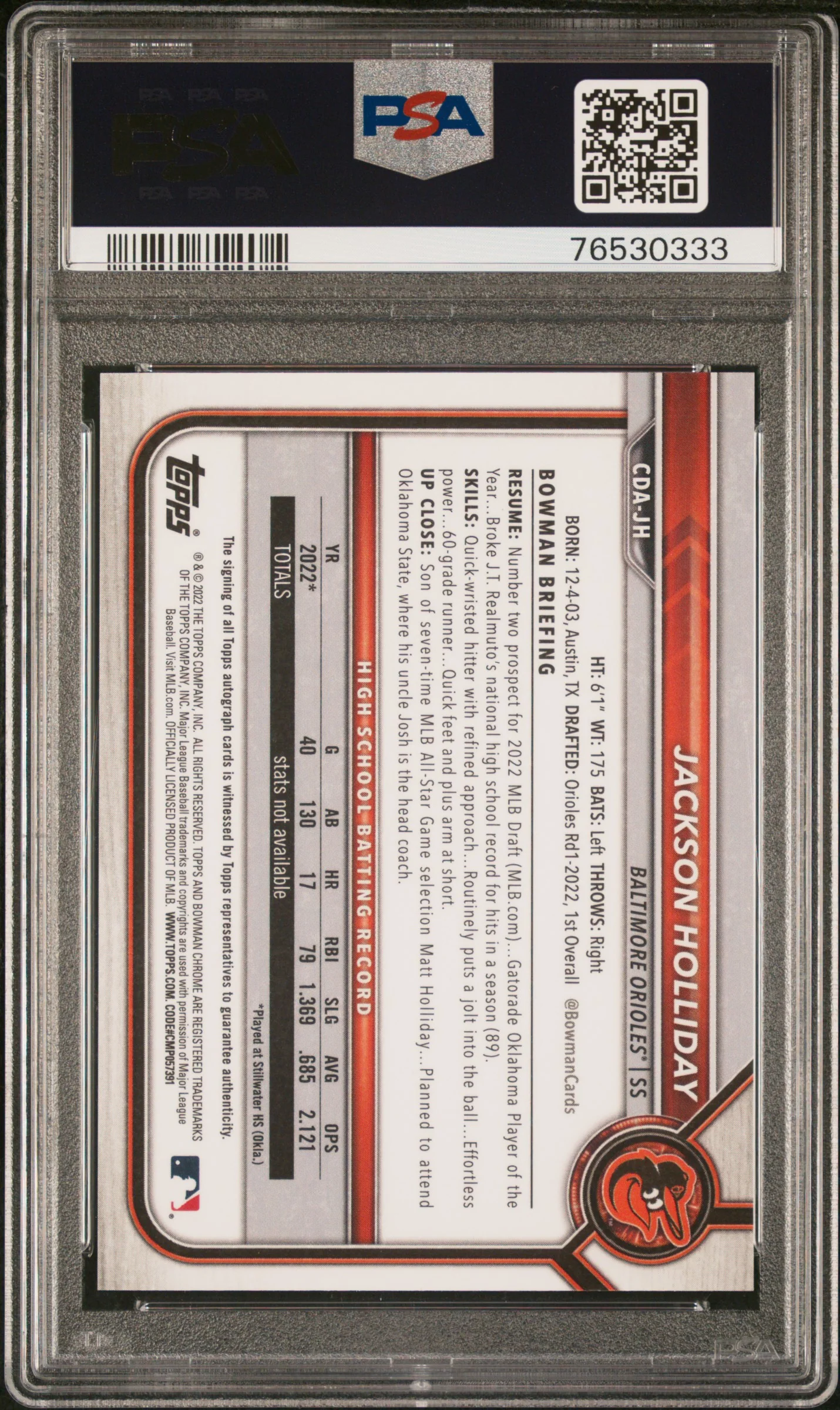 JACKSON HOLLIDAY | 2022 BOWMAN DRAFT CHROME DRAFT PICK AUTOGRAPHS CDAJH | CHROME DRAFT PICK AUTO. | PSA NM-MT 8 - Image 2