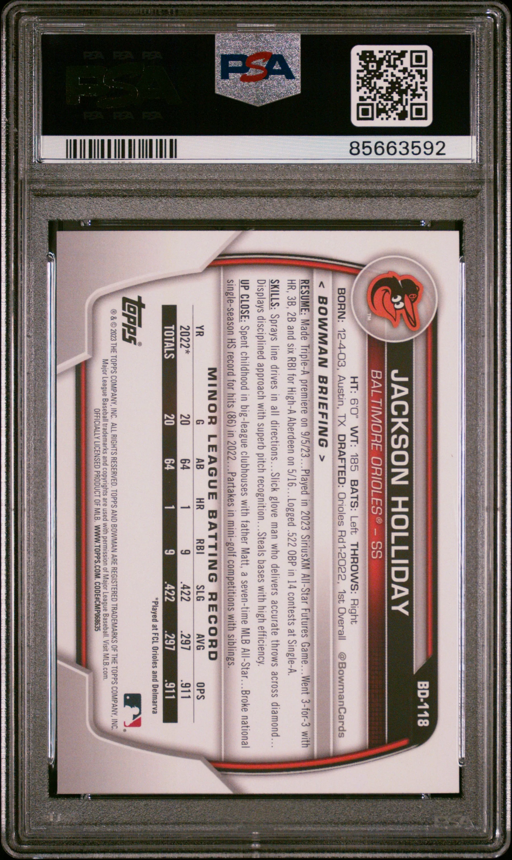 JACKSON HOLLIDAY | 2023 BOWMAN DRAFT BD118 | SKY BLUE | PSA MINT 9 - Image 2
