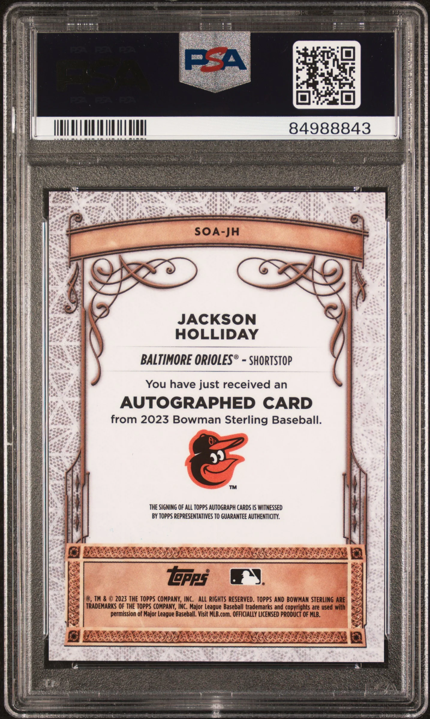 JACKSON HOLLIDAY | 2023 BOWMAN STERLING STERLING OPULENCE AUTOGRAPHS SOAJH | PSA GEM MT 10 - Image 2