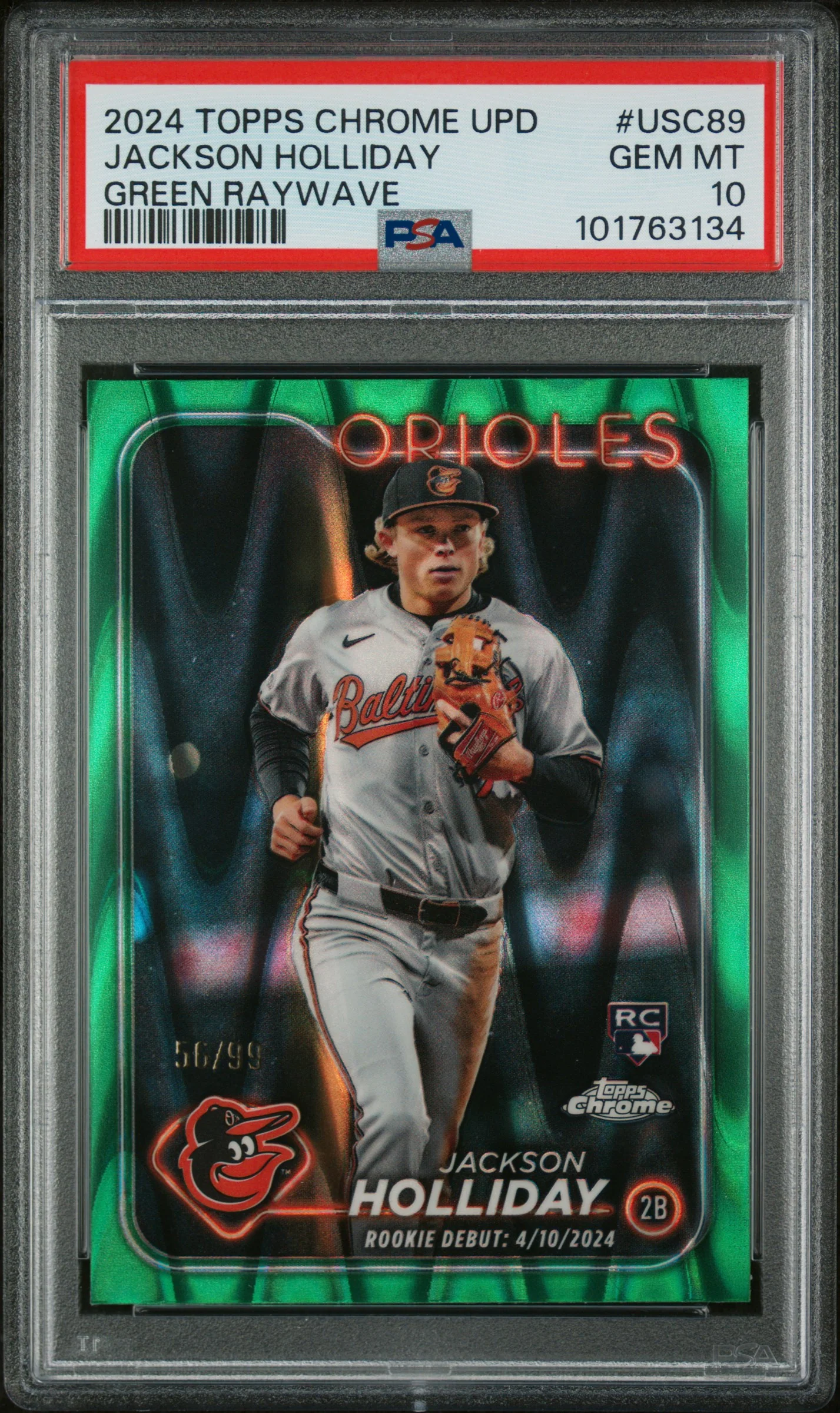 JACKSON HOLLIDAY | 2024 TOPPS CHROME UPDATE USC89 | GREEN RAYWAVE | PSA GEM MT 10