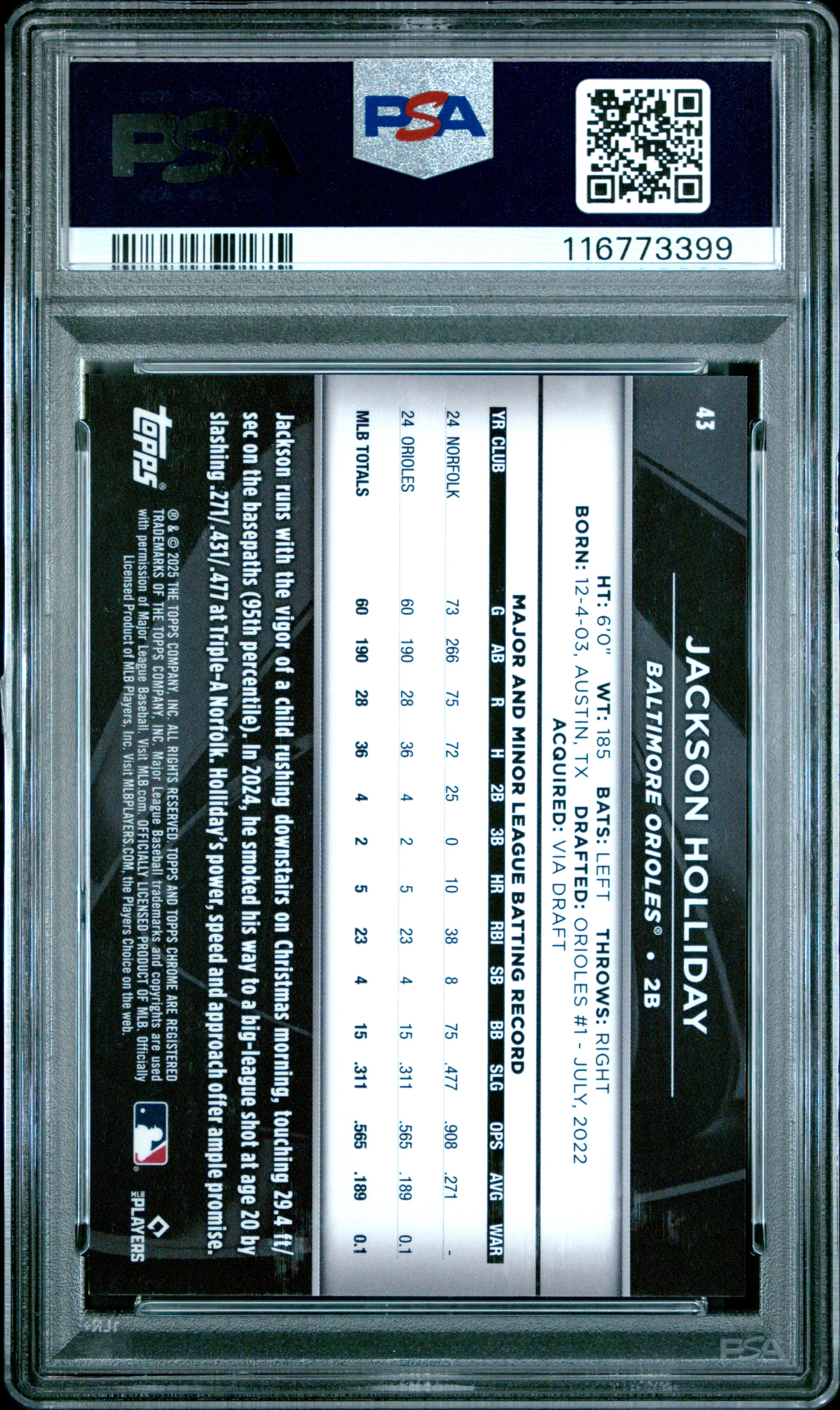 JACKSON HOLLIDAY | 2025 TOPPS CHROME BLACK 43 | PURPLE MINI DIAMOND | PSA MINT 9 - Image 2