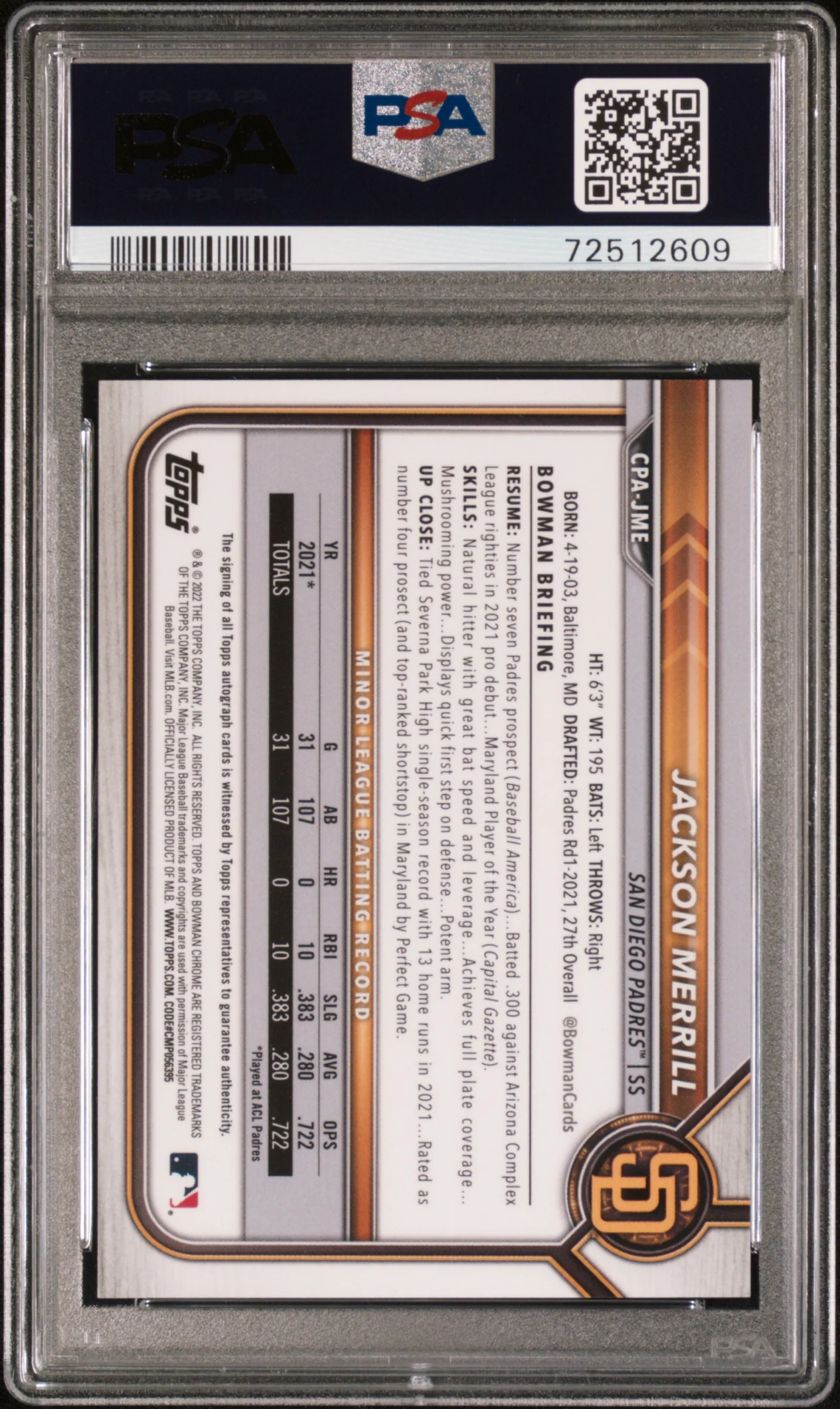 JACKSON MERRILL | 2022 BOWMAN CHROME PROSPECT AUTOGRAPHS CPAJME | PRS.AU-SPECKLE REFRACTOR | PSA GEM MT 10 - Image 2