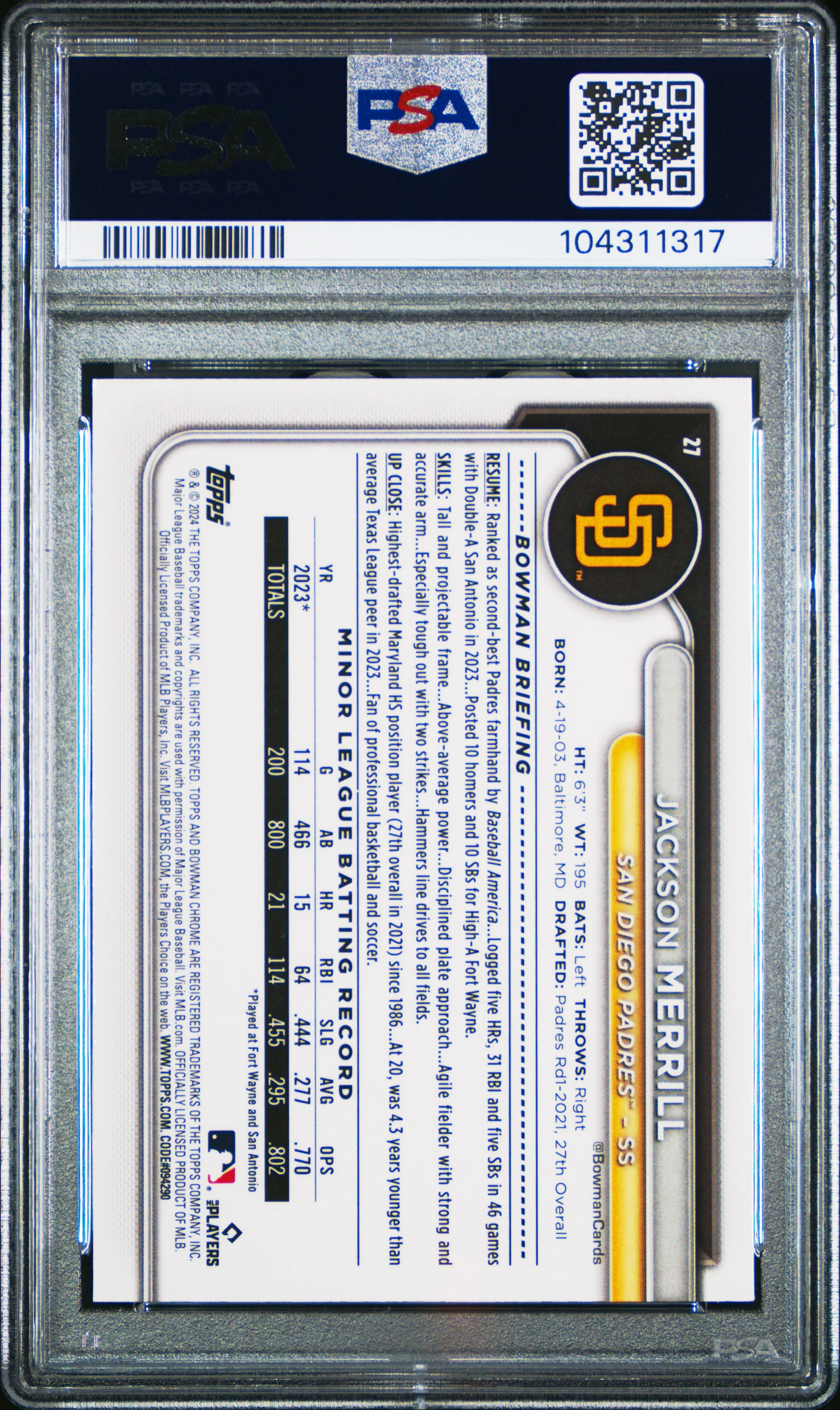 JACKSON MERRILL | 2024 BOWMAN CHROME MEGA BOX 27 | PSA NM 7 - Image 2