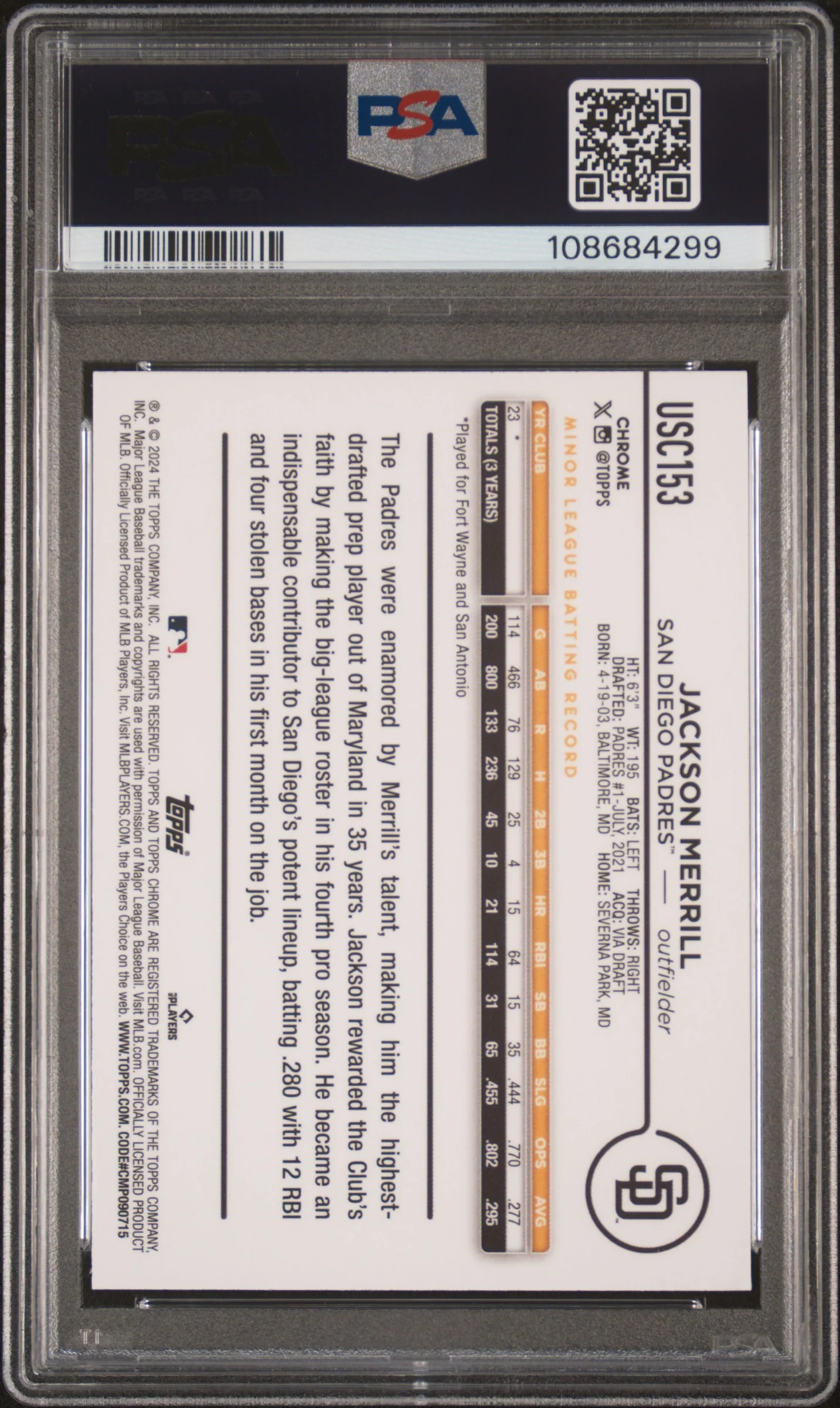 JACKSON MERRILL | 2024 TOPPS CHROME UPDATE USC153 | AQUA RAYWAVE | PSA MINT 9 - Image 2