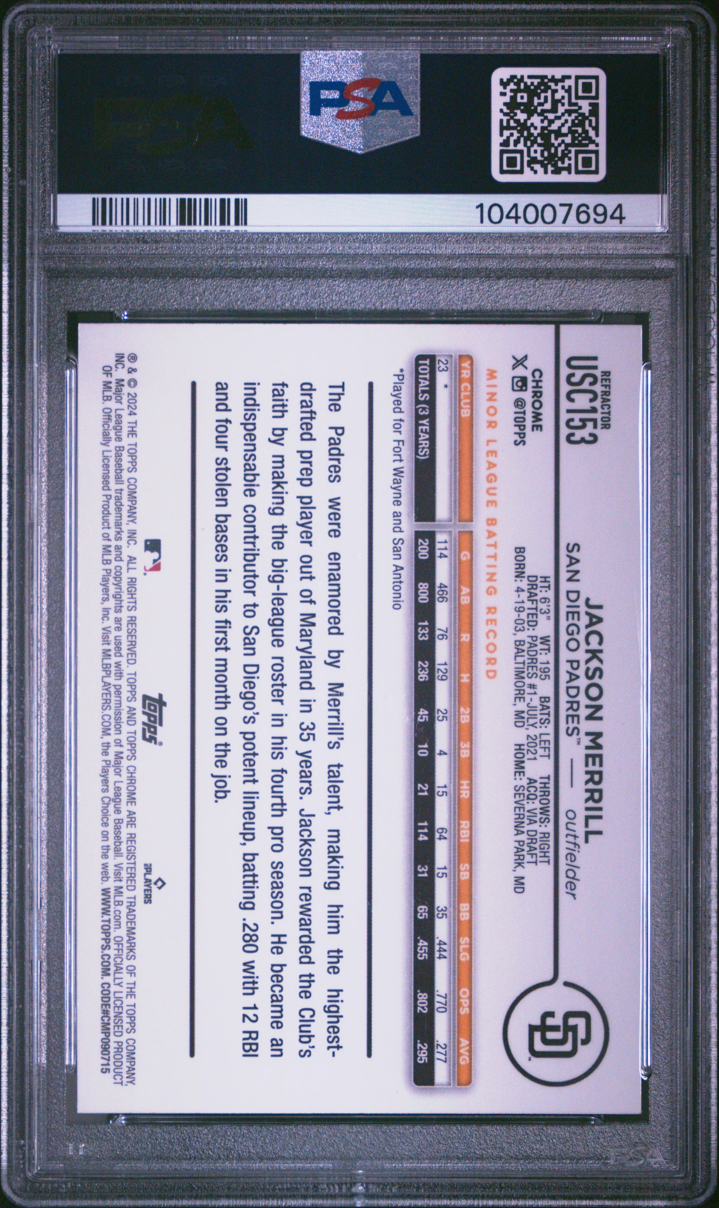 JACKSON MERRILL | 2024 TOPPS CHROME UPDATE USC153 | REFRACTOR | PSA MINT 9 - Image 2