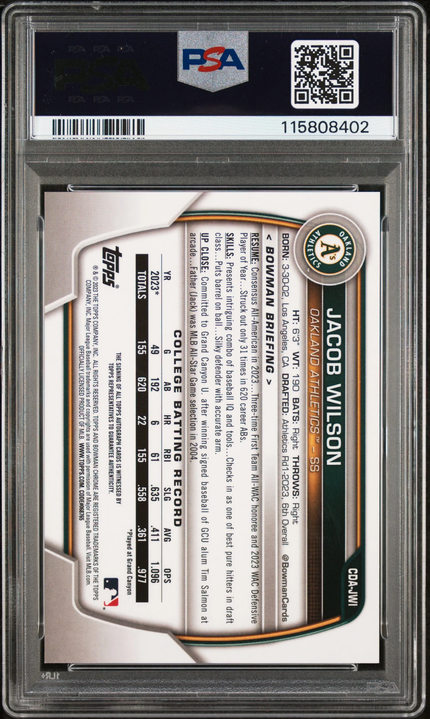 JACOB WILSON | 2023 BOWMAN DRAFT CHROME PROSPECT AUTOGRAPH CDAJWI | PSA MINT 9 - Image 2