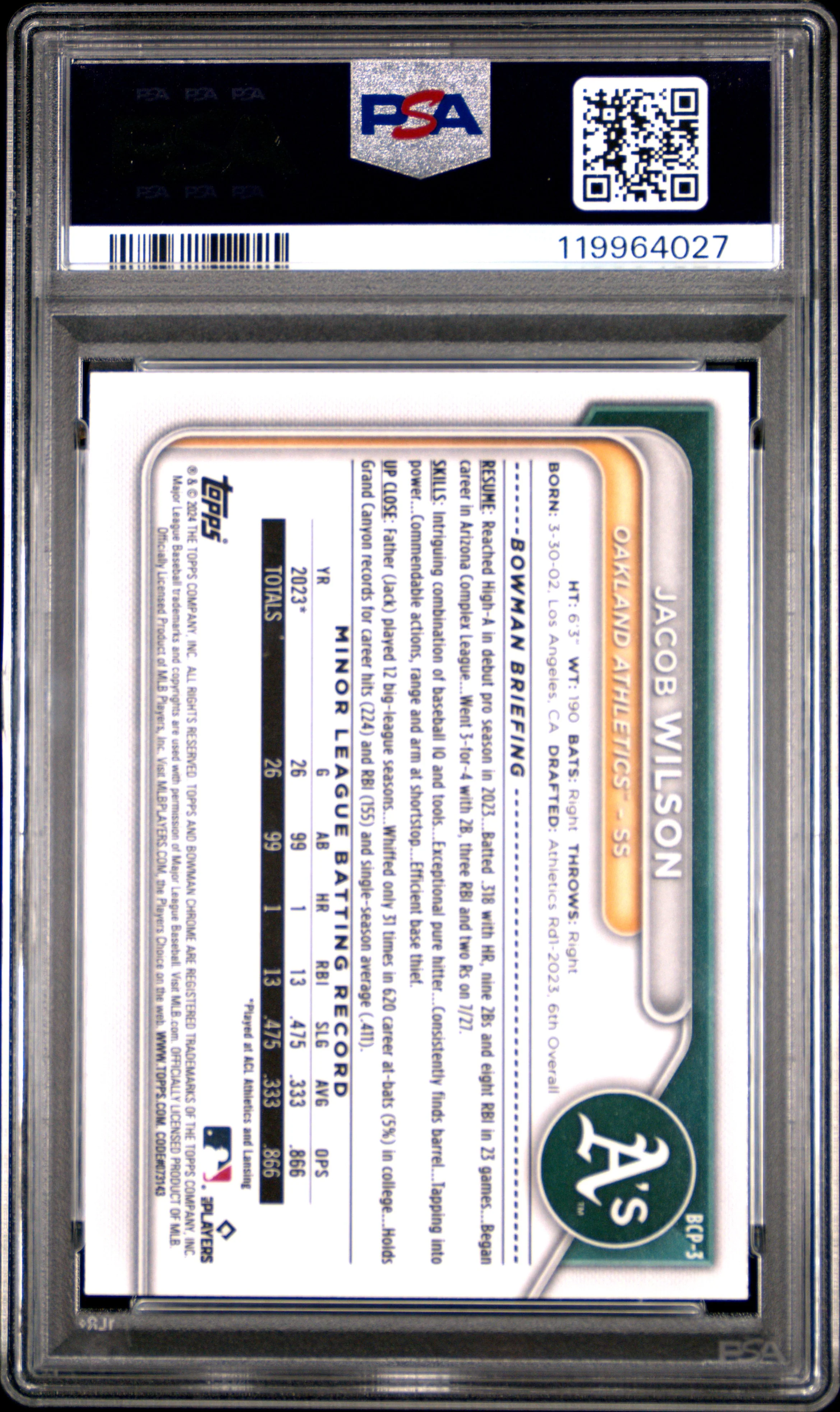 JACOB WILSON | 2024 BOWMAN CHROME PROSPECTS BCP3 | PSA GEM MT 10 - Image 2