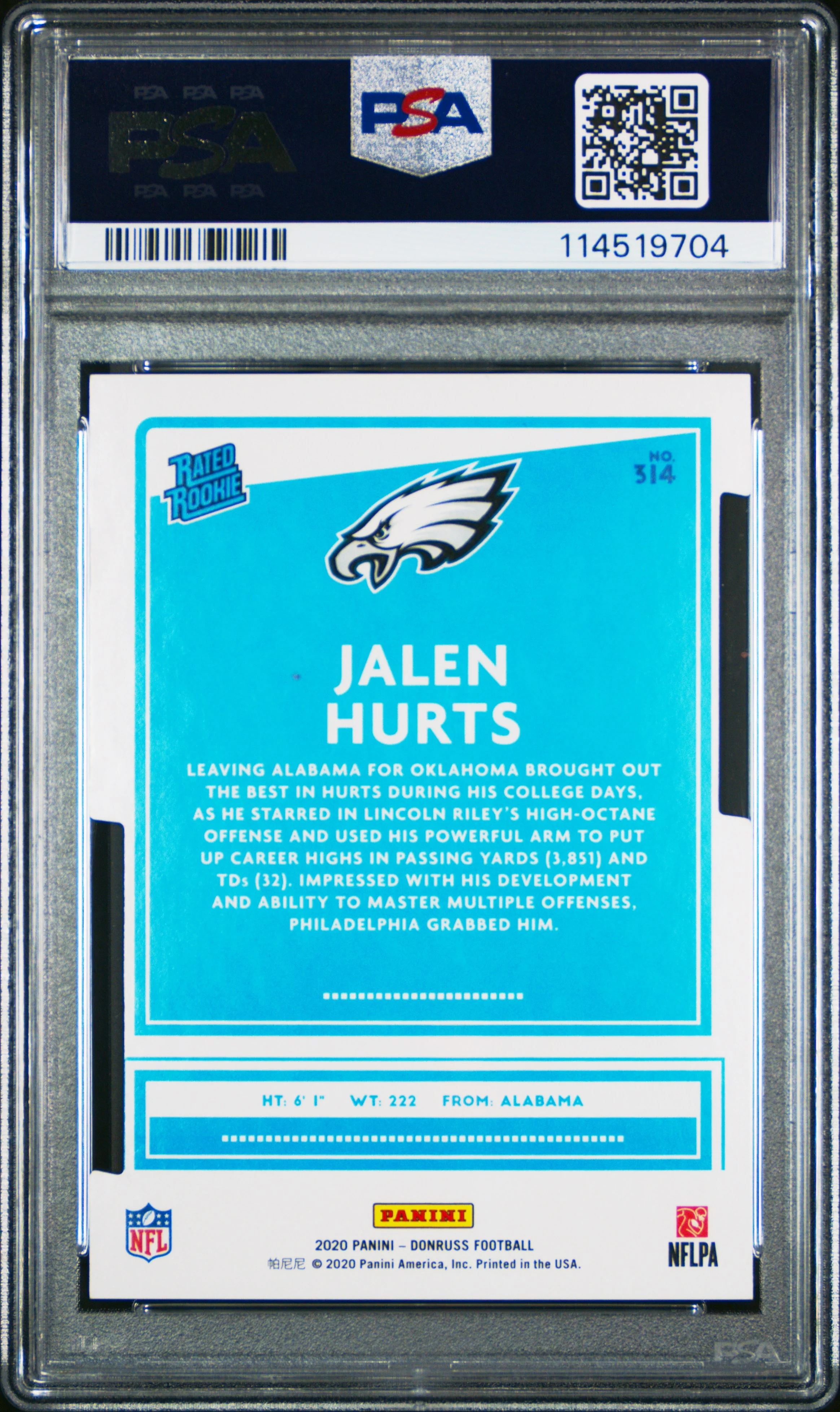 JALEN HURTS | 2020 PANINI DONRUSS 314 | GOLD PRESS PROOF DIE-CUT | PSA GEM MT 10 - Image 2