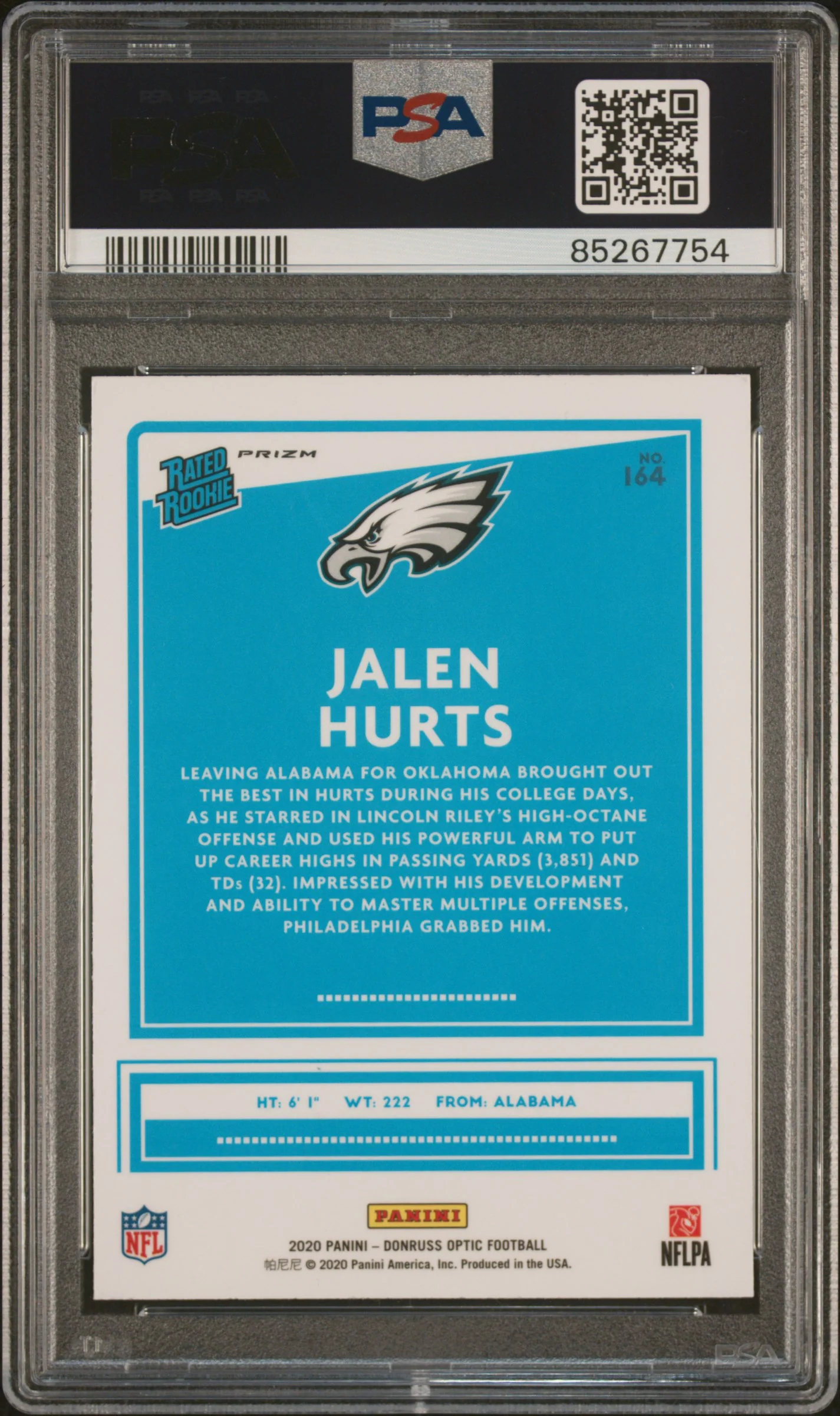 JALEN HURTS | 2020 PANINI DONRUSS OPTIC 164 | BLUE SCOPE | PSA GEM MT 10 - Image 2