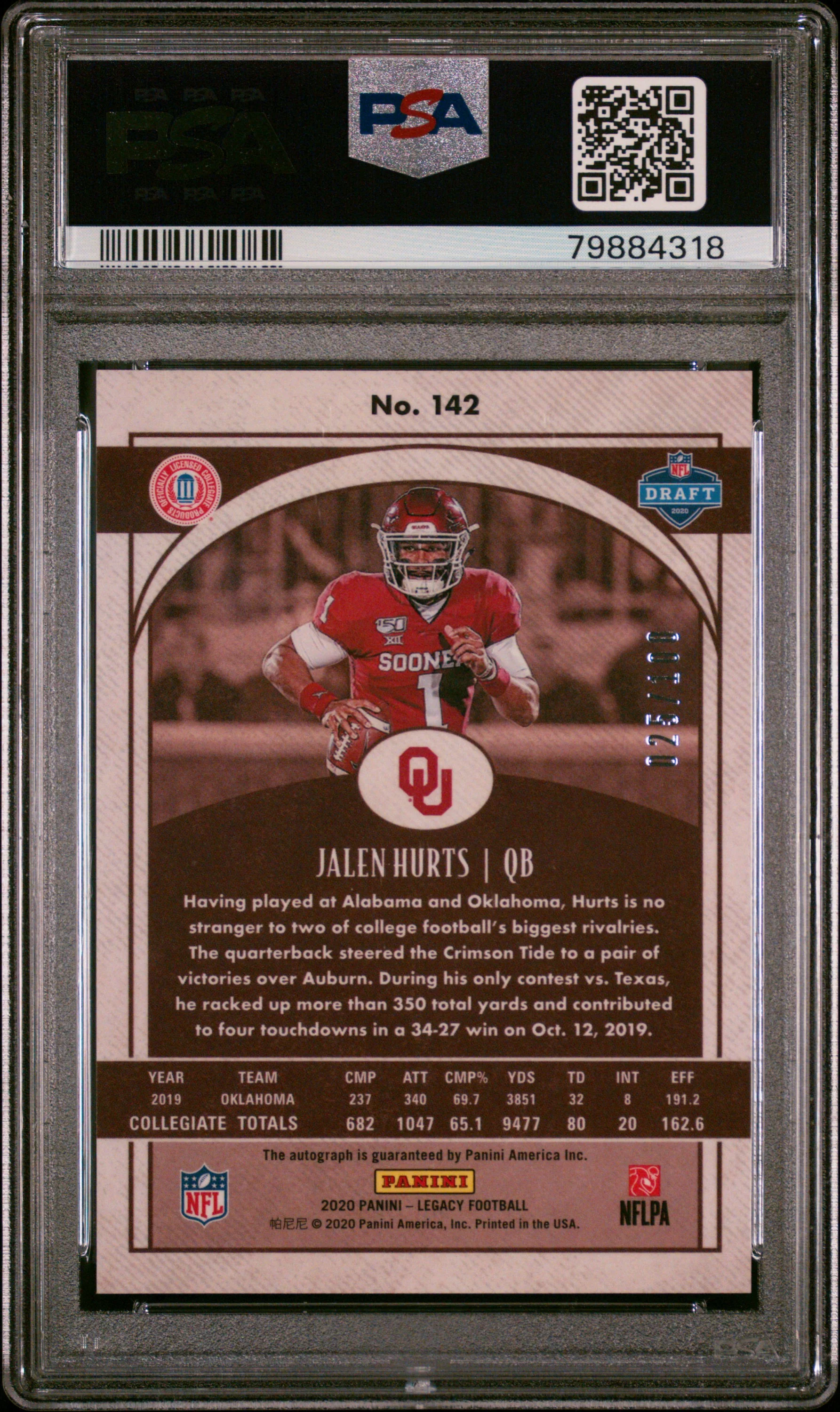 JALEN HURTS | 2020 PANINI LEGACY 142 | PREMIUM EDITION-BRONZE | PSA GEM MT 10 - Image 2