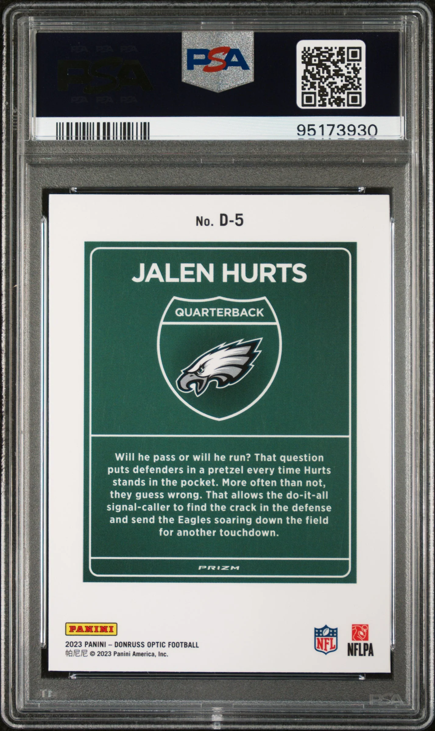 JALEN HURTS | 2023 PANINI DONRUSS OPTIC DOWNTOWN! D5 | PSA GEM MT 10 - Image 2