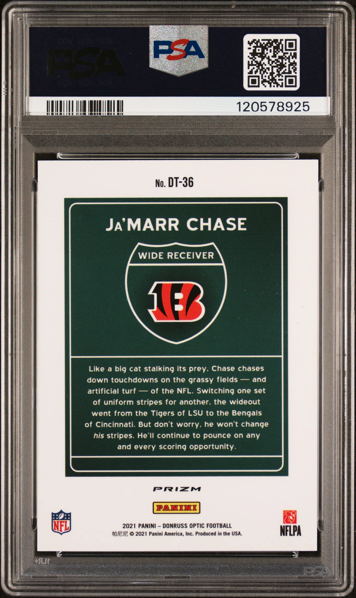 Ja'MARR CHASE | 2021 PANINI DONRUSS OPTIC DOWNTOWN DT36 | DOWNTOWN | PSA MINT 9 - Image 2