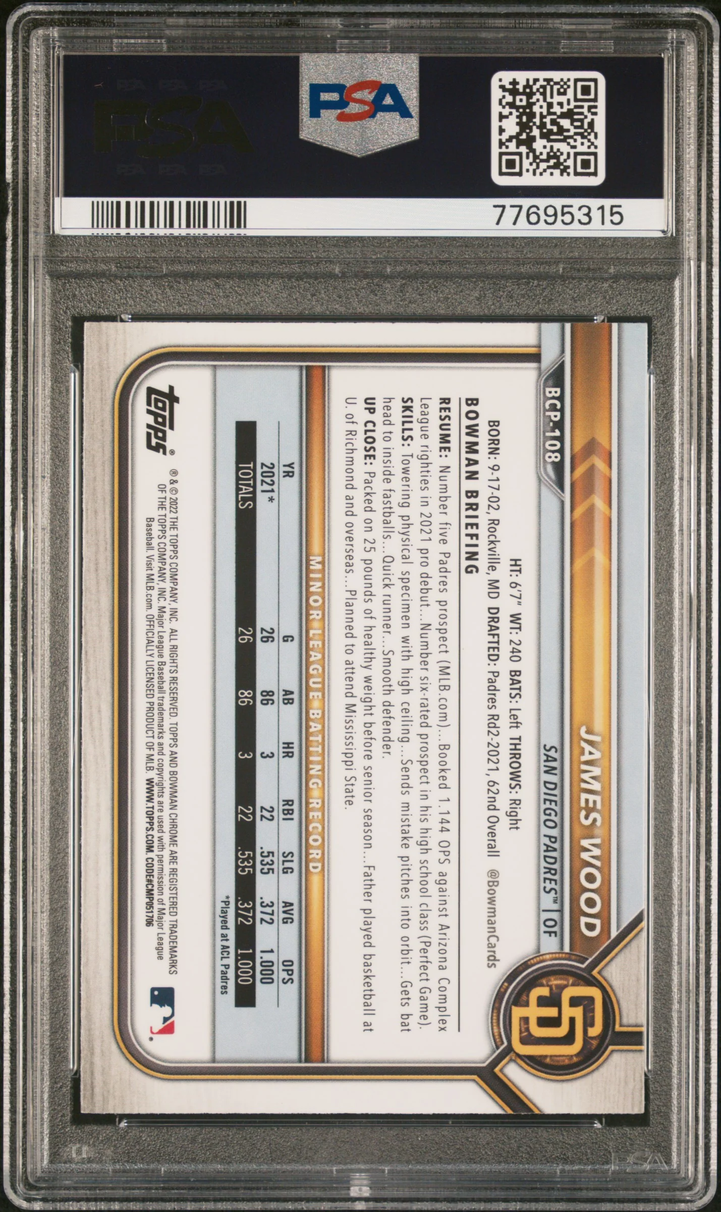 JAMES WOOD | 2022 BOWMAN CHROME PROSPECTS BCP108 | CHROME PROSPECTS | PSA GEM MT 10 - Image 2