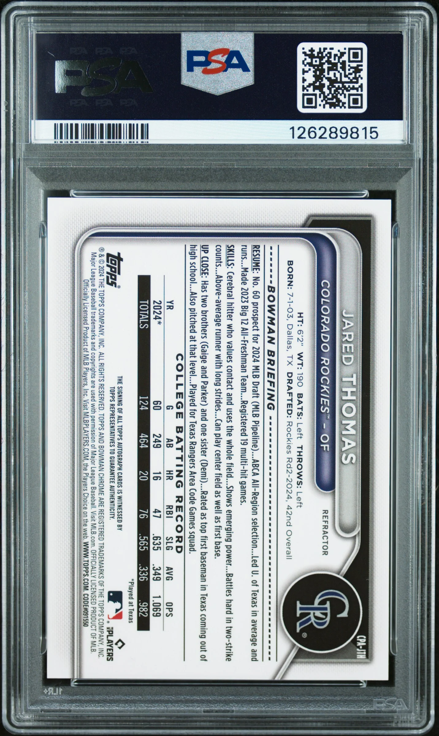 JARED THOMAS | 2024 BOWMAN DRAFT CHROME PROSPECT AUTOGRAPHS CPAJTH | CHR PROSPECT AU-REFRACTOR | PSA MINT 9 - Image 2