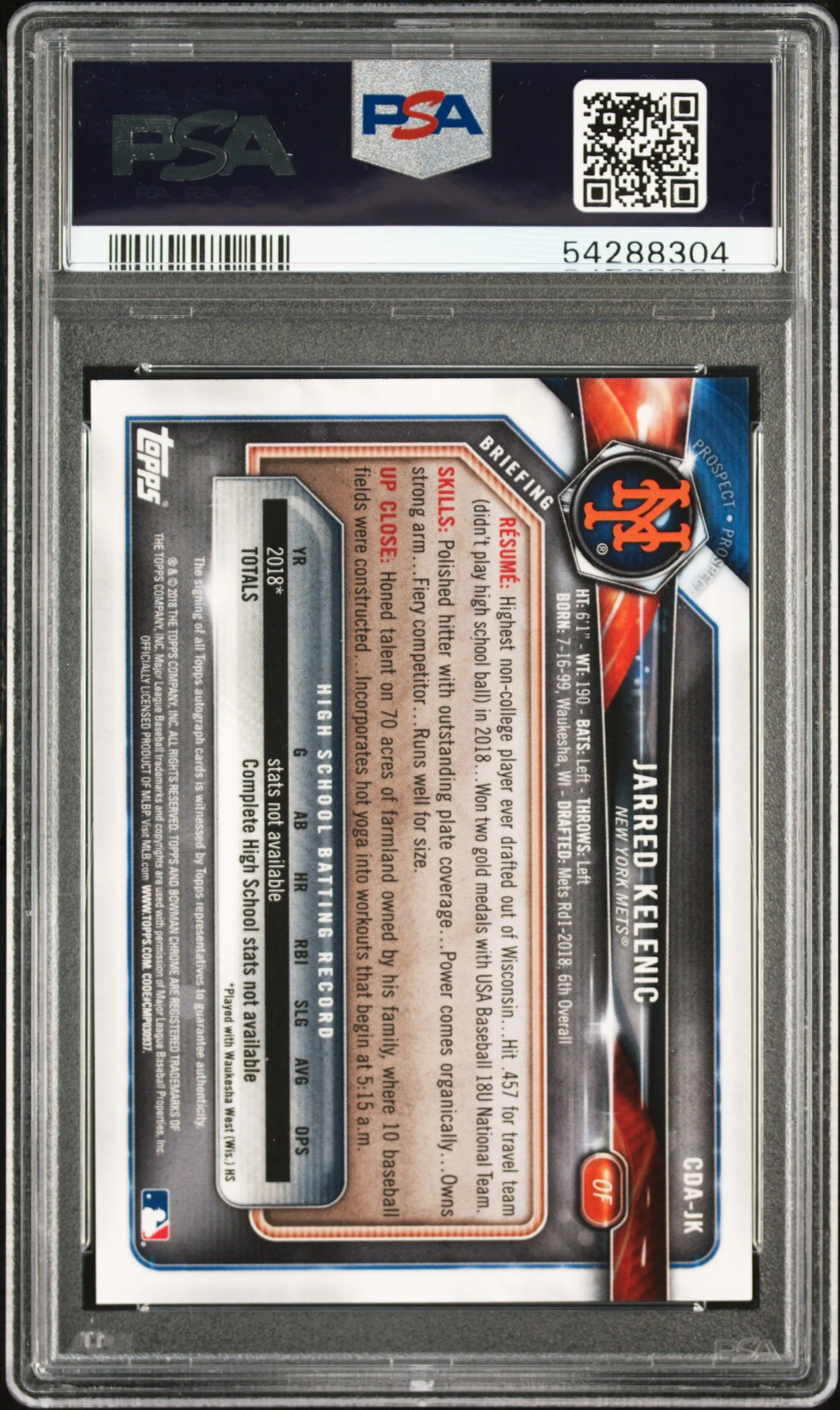 JARRED KELENIC | 2018 BOWMAN DRAFT CHROME DRAFT PICKS AUTOGRAPHS CDAJK | CHROME DRAFT PICKS AUTO. | PSA GEM MT 10 - Image 2