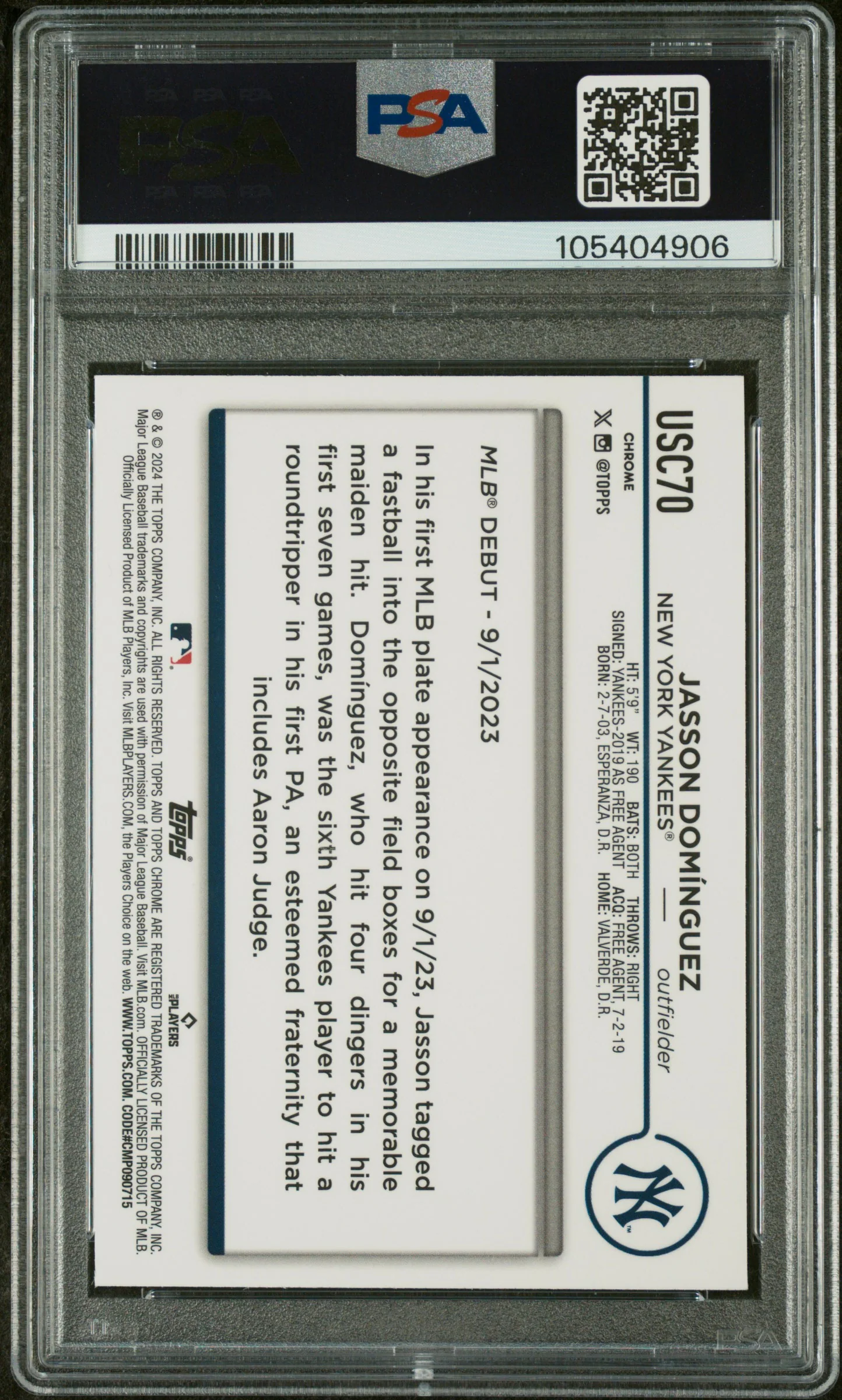 JASSON DOMINGUEZ | 2024 TOPPS CHROME UPDATE USC70 | AQUA/BLUE LAVA LAMP | PSA GEM MT 10 - Image 2