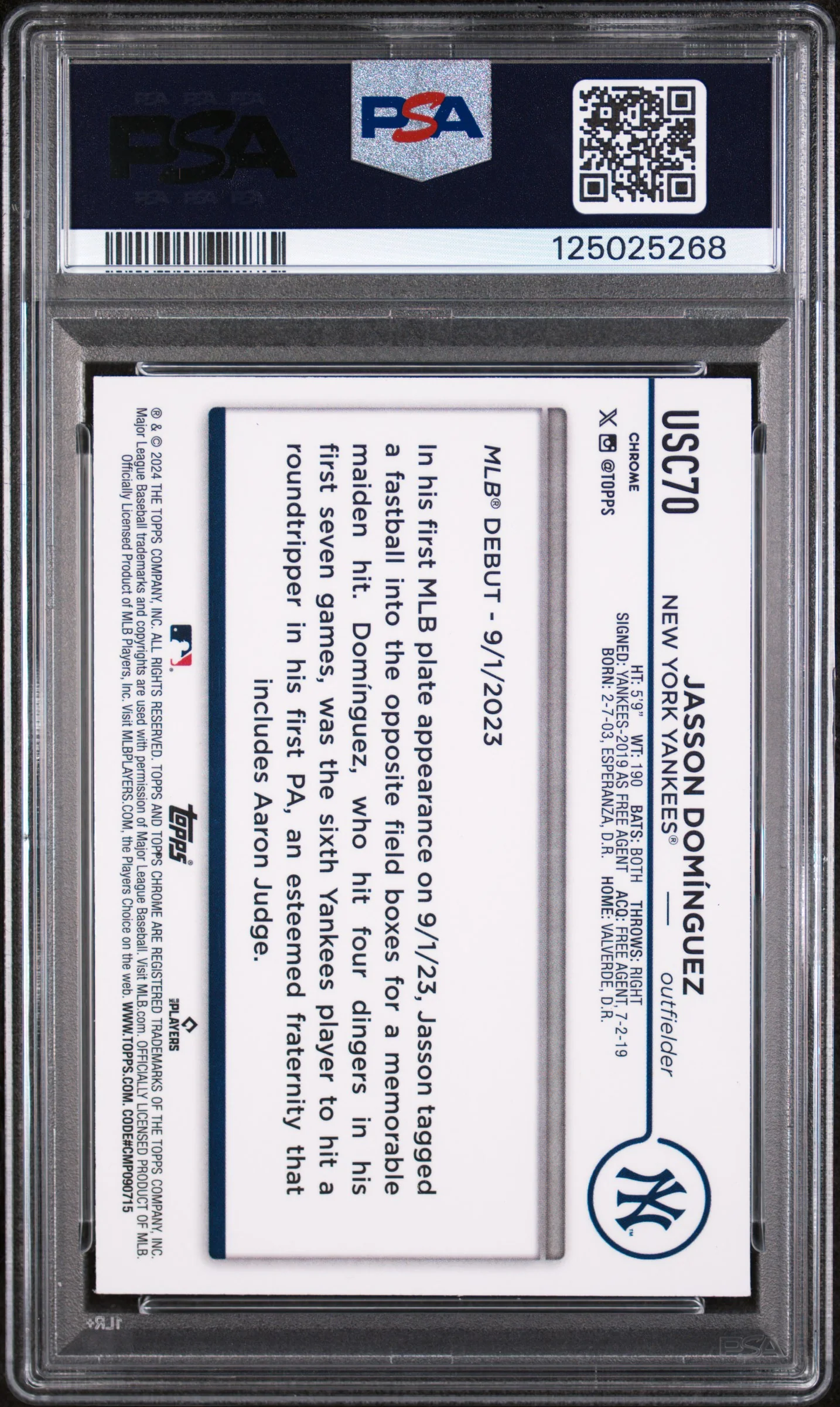 JASSON DOMINGUEZ | 2024 TOPPS CHROME UPDATE USC70 | AQUA/BLUE LAVA LAMP | PSA GEM MT 10 - Image 2