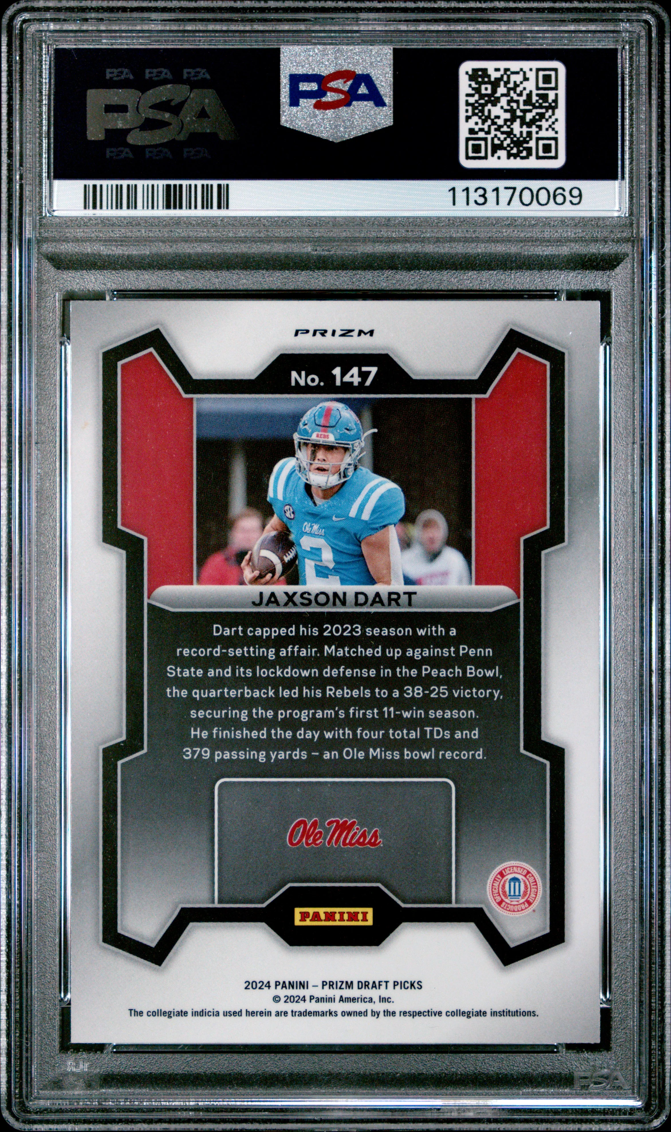 JAXSON DART | 2024 PANINI PRIZM DRAFT PICKS 147 | RED ICE | PSA GEM MT 10 - Image 2