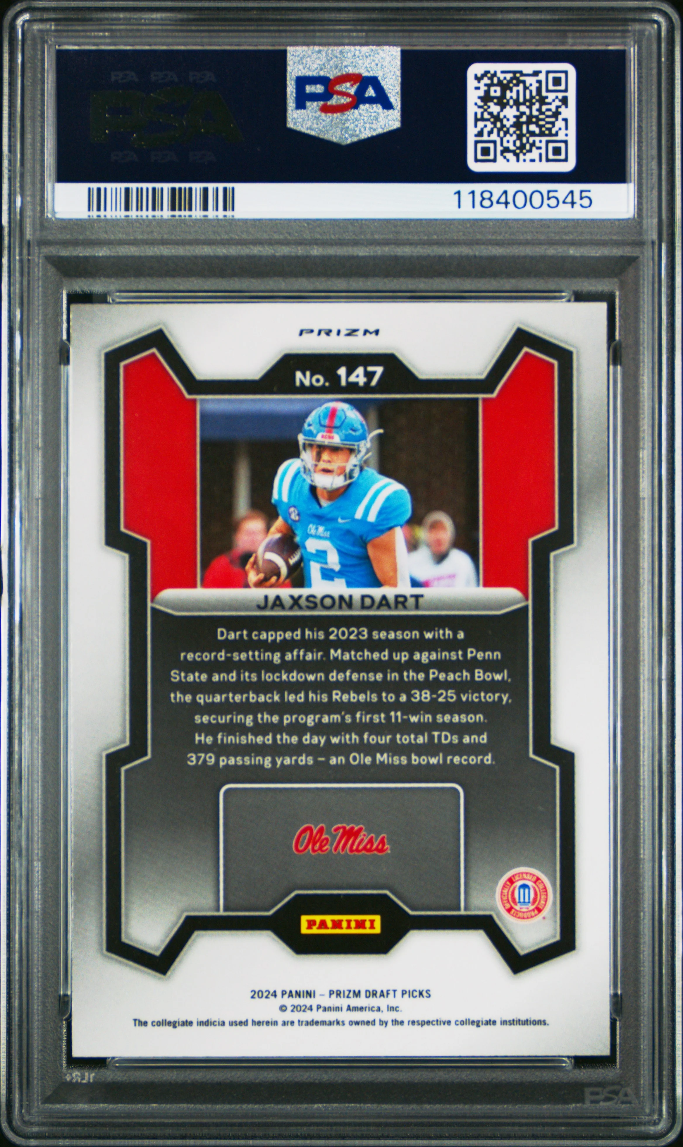 JAXSON DART | 2024 PANINI PRIZM DRAFT PICKS 147 | RED ICE | PSA GEM MT 10 - Image 2