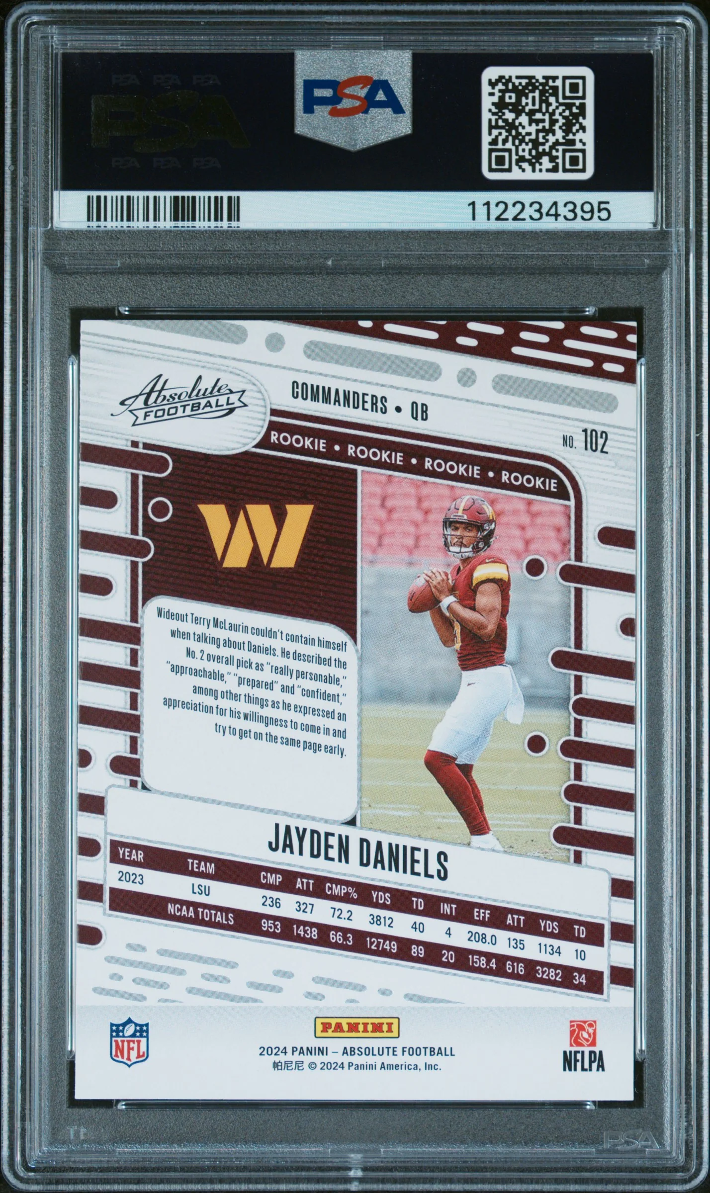 JAYDEN DANIELS | 2024 PANINI ABSOLUTE 102 | PSA MINT 9 - Image 2