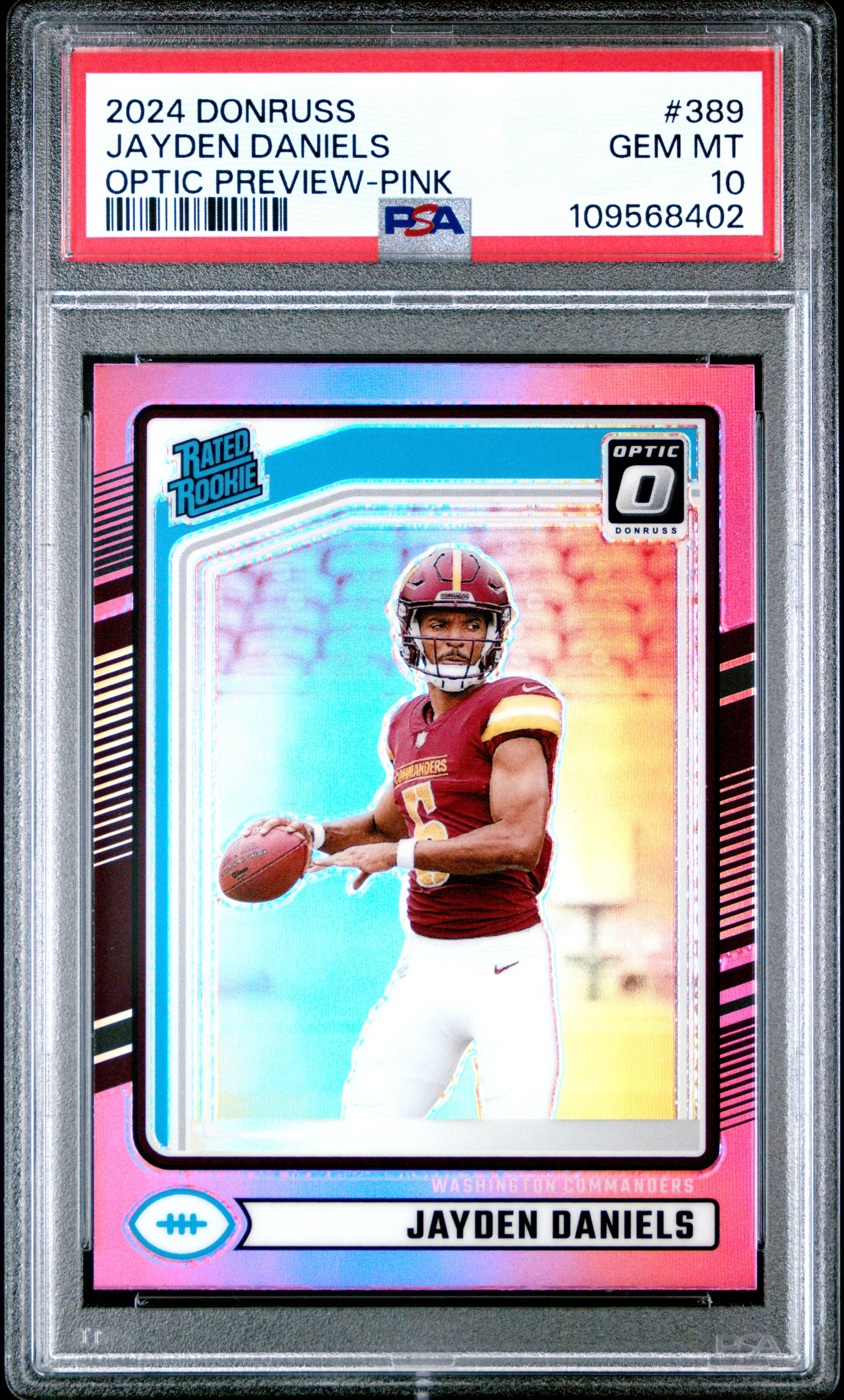 JAYDEN DANIELS | 2024 PANINI DONRUSS 389 | OPTIC PREVIEW-PINK | PSA GEM MT 10