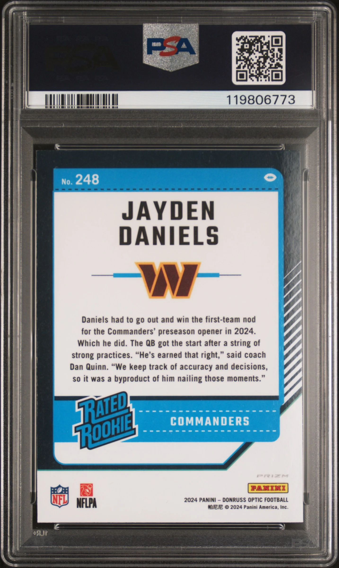 JAYDEN DANIELS | 2024 PANINI DONRUSS OPTIC 248 | BLUE GLITTER | PSA MINT 9 - Image 2