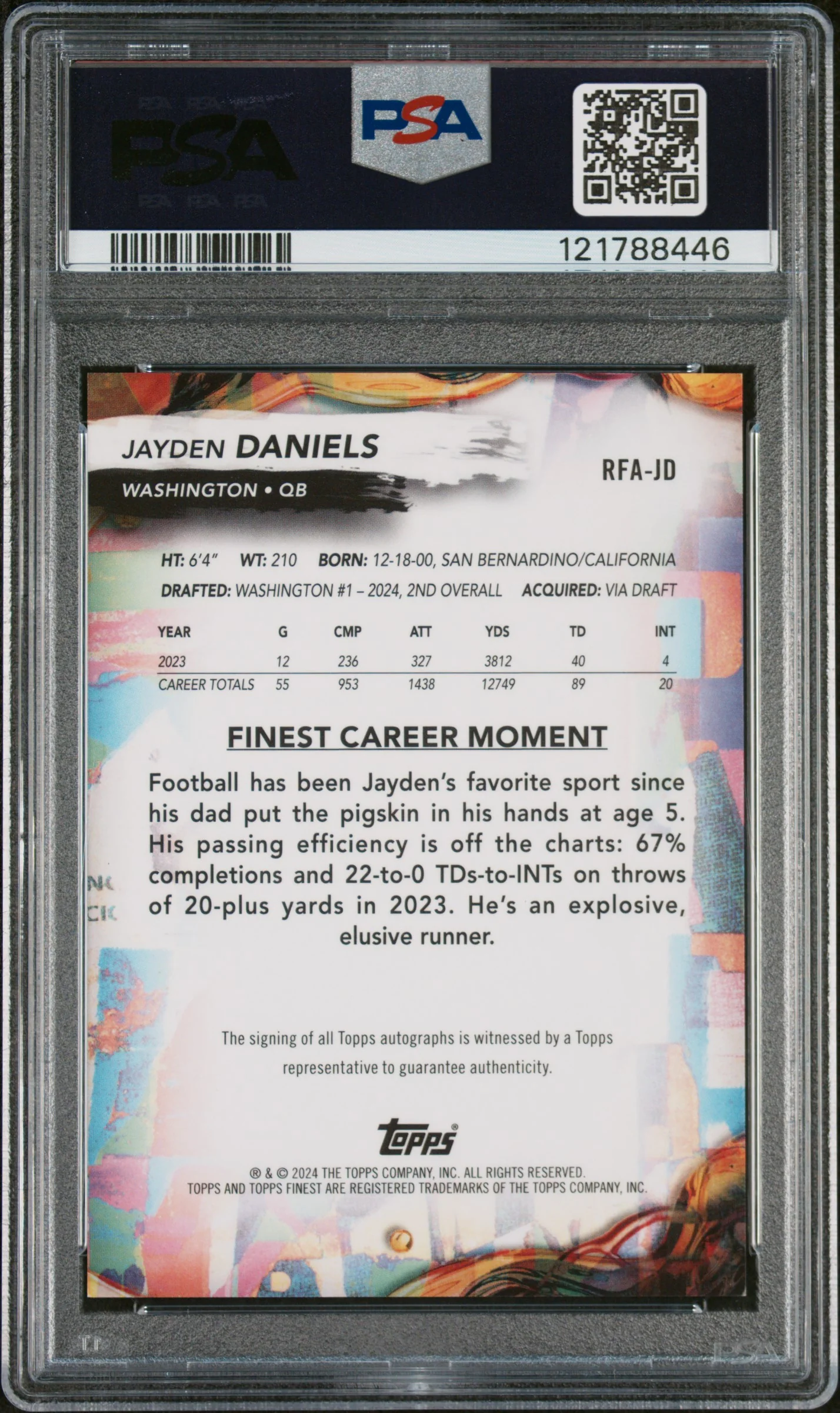 JAYDEN DANIELS | 2024 TOPPS FINEST ROOKIE FINEST AUTOGRAPHS RFAJD | RK FINEST AUTO-BLUE CHKBD | PSA GEM MT 10 - Image 2