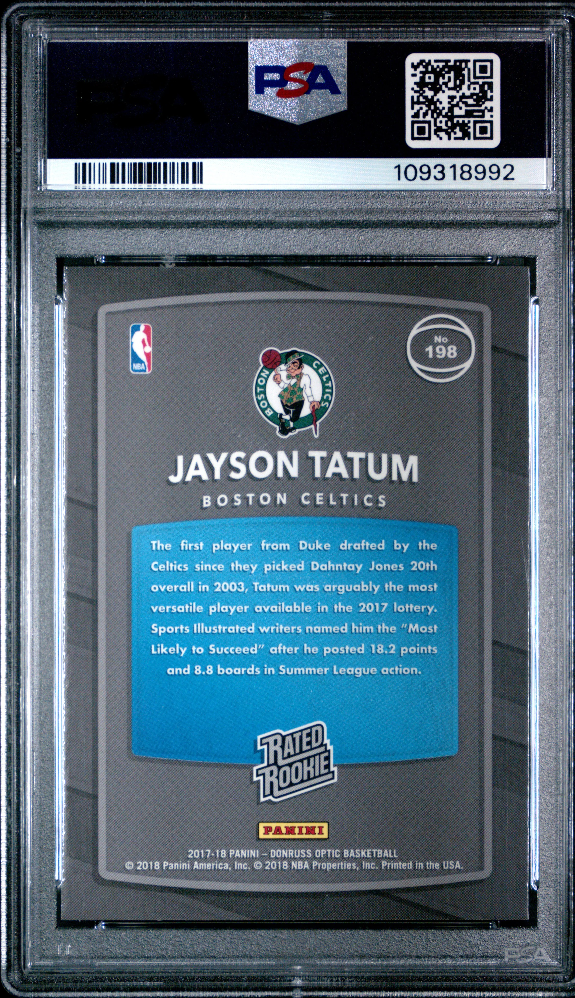 JAYSON TATUM | 2017 PANINI DONRUSS OPTIC 198 | RED/YELLOW | PSA MINT 9 - Image 2