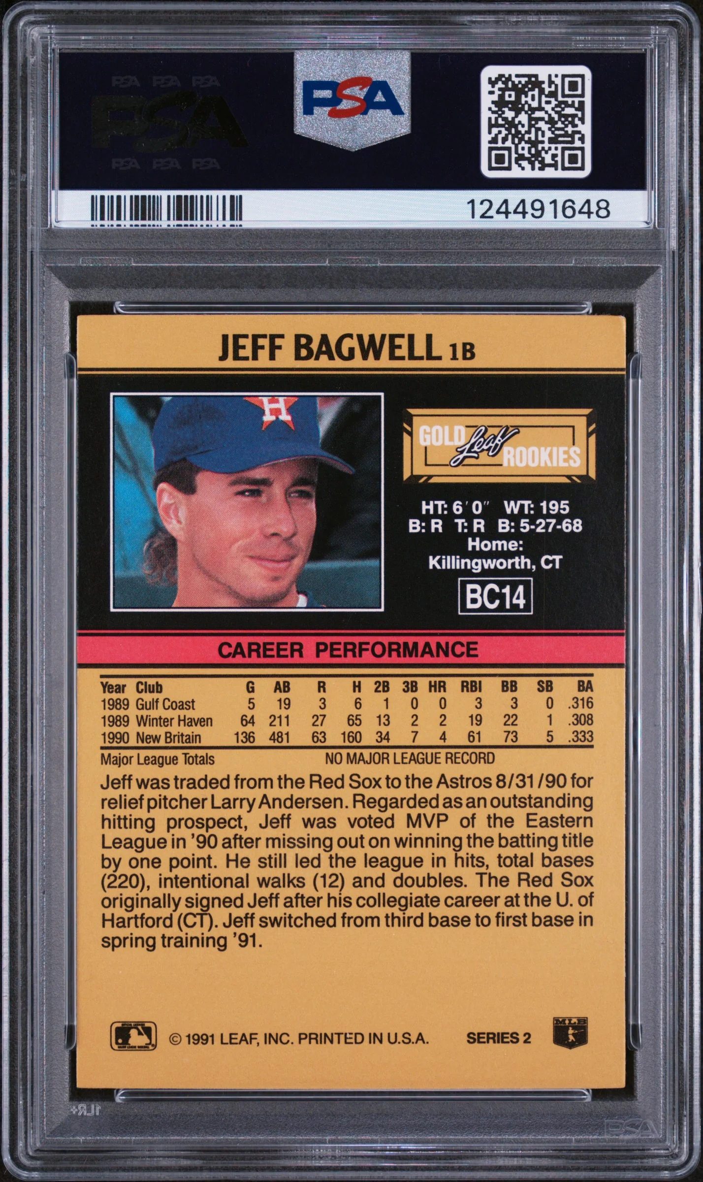 JEFF BAGWELL | 1991 LEAF GOLD ROOKIES BC14 | PSA NM-MT 8 - Image 2