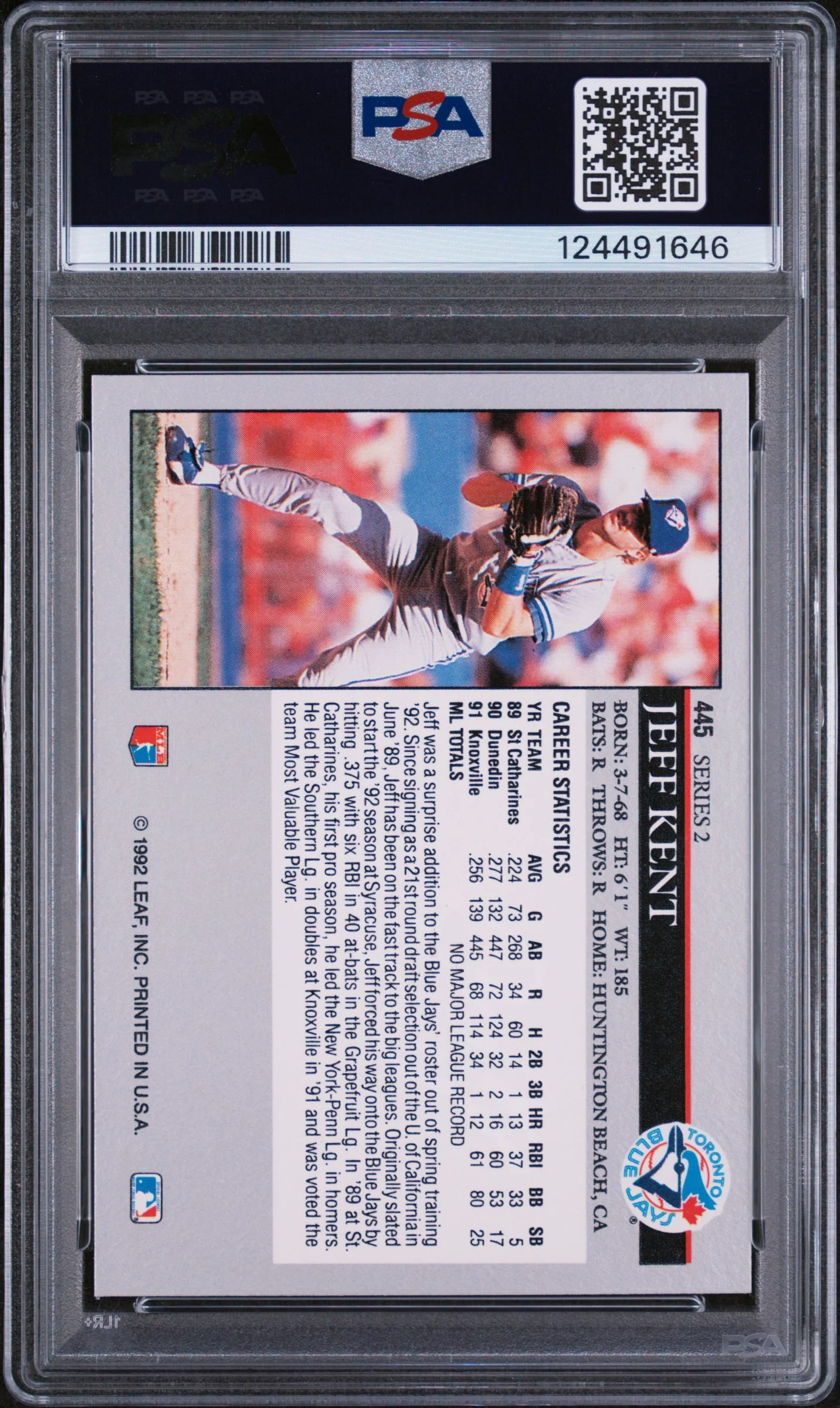 JEFF KENT | 1992 LEAF 445 | PSA NM-MT 8 - Image 2