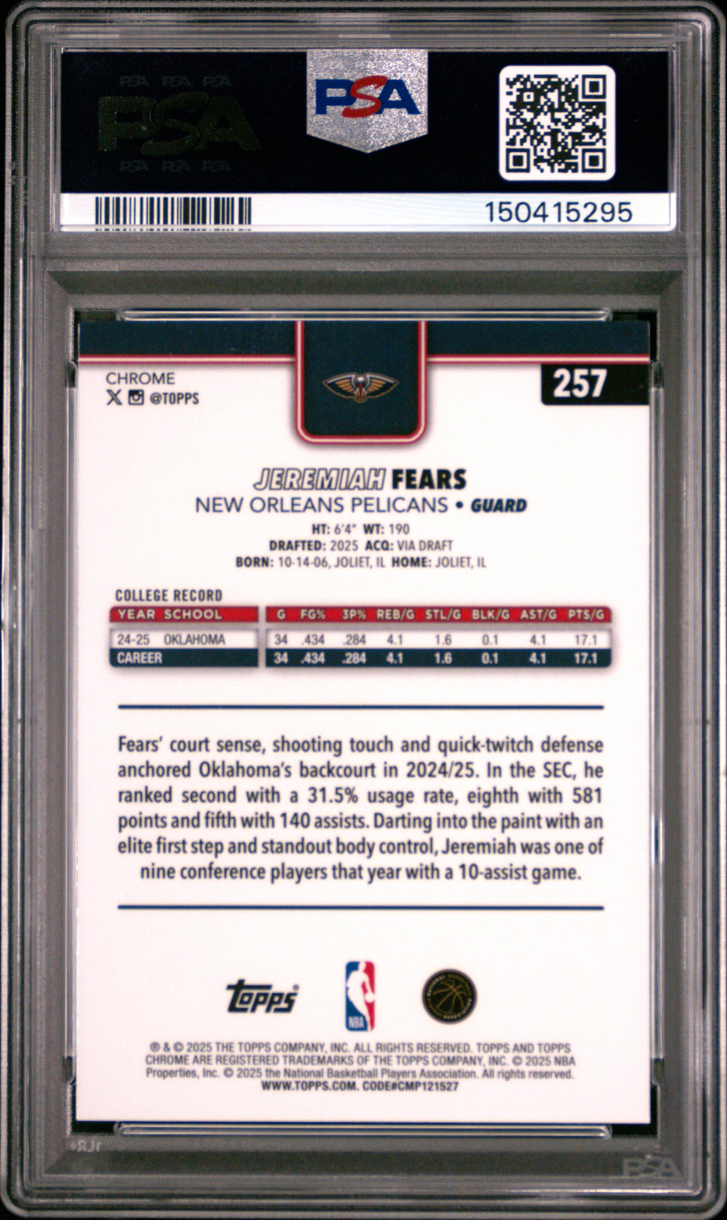 JEREMIAH FEARS | 2025 TOPPS CHROME 257 | PULSAR | PSA GEM MT 10 - Image 2