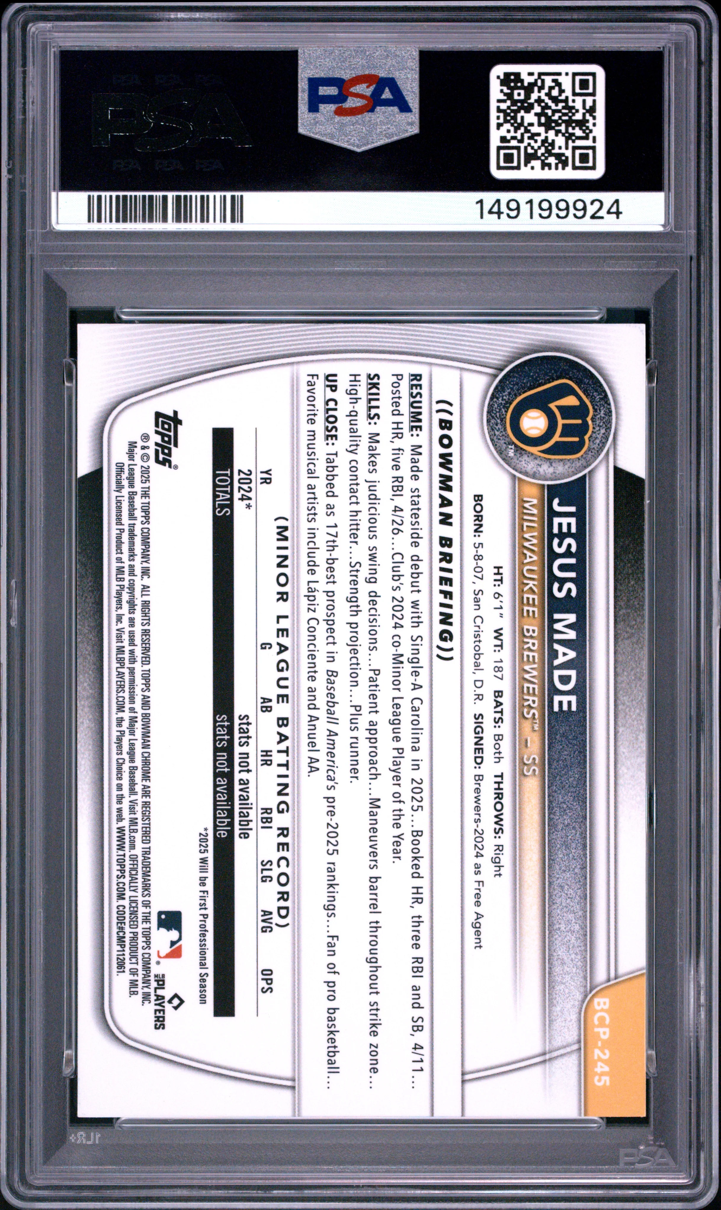 JESUS MADE | 2025 BOWMAN CHROME PROSPECTS BCP245 | PROSPECTS-GEOMETRIC REF | PSA GEM MT 10 - Image 2