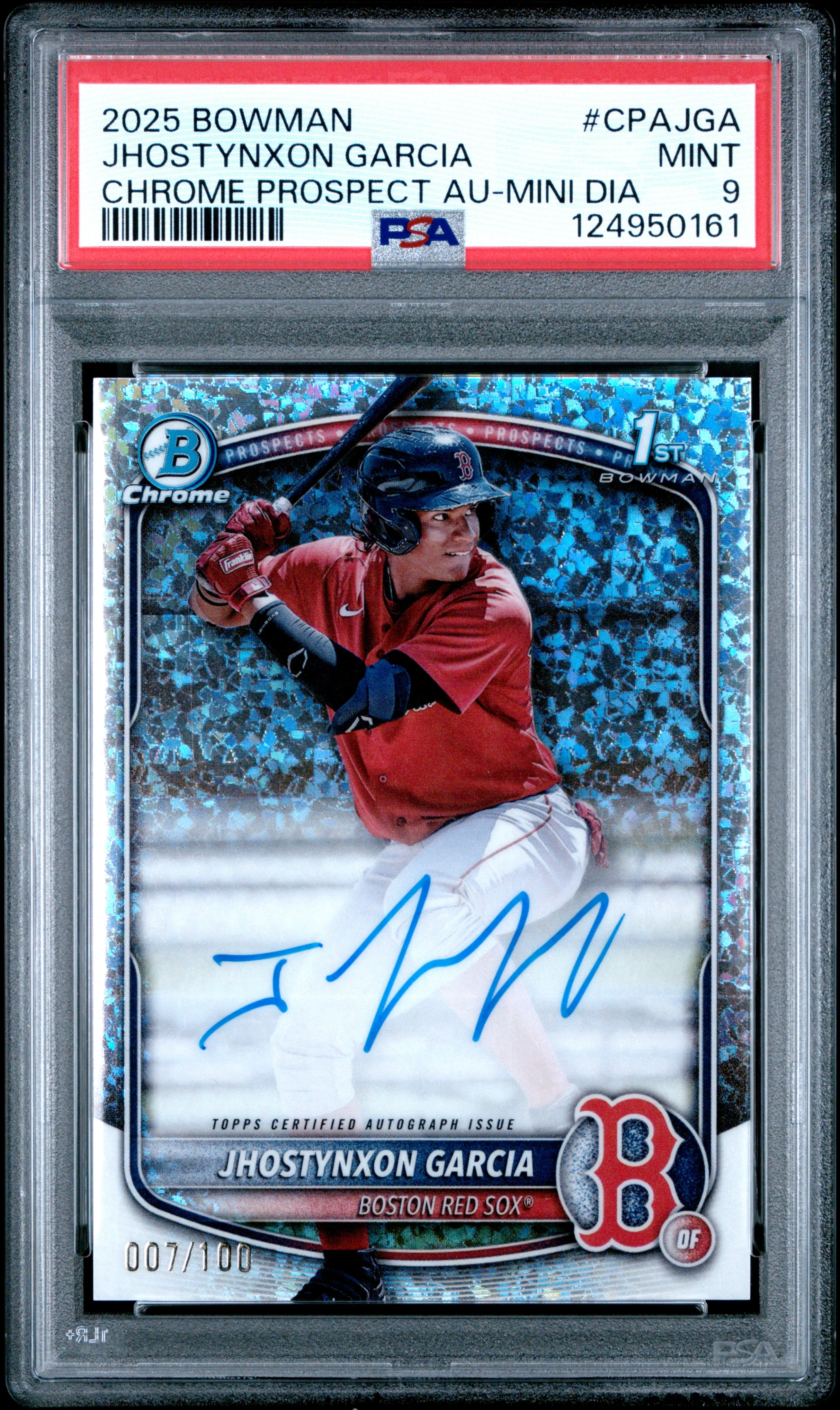JHOSTYNXON GARCIA | 2025 BOWMAN CHROME PROSPECT AUTOGRAPHS CPAJGA | CHROME PROSPECT AU-MINI DIA | PSA MINT 9