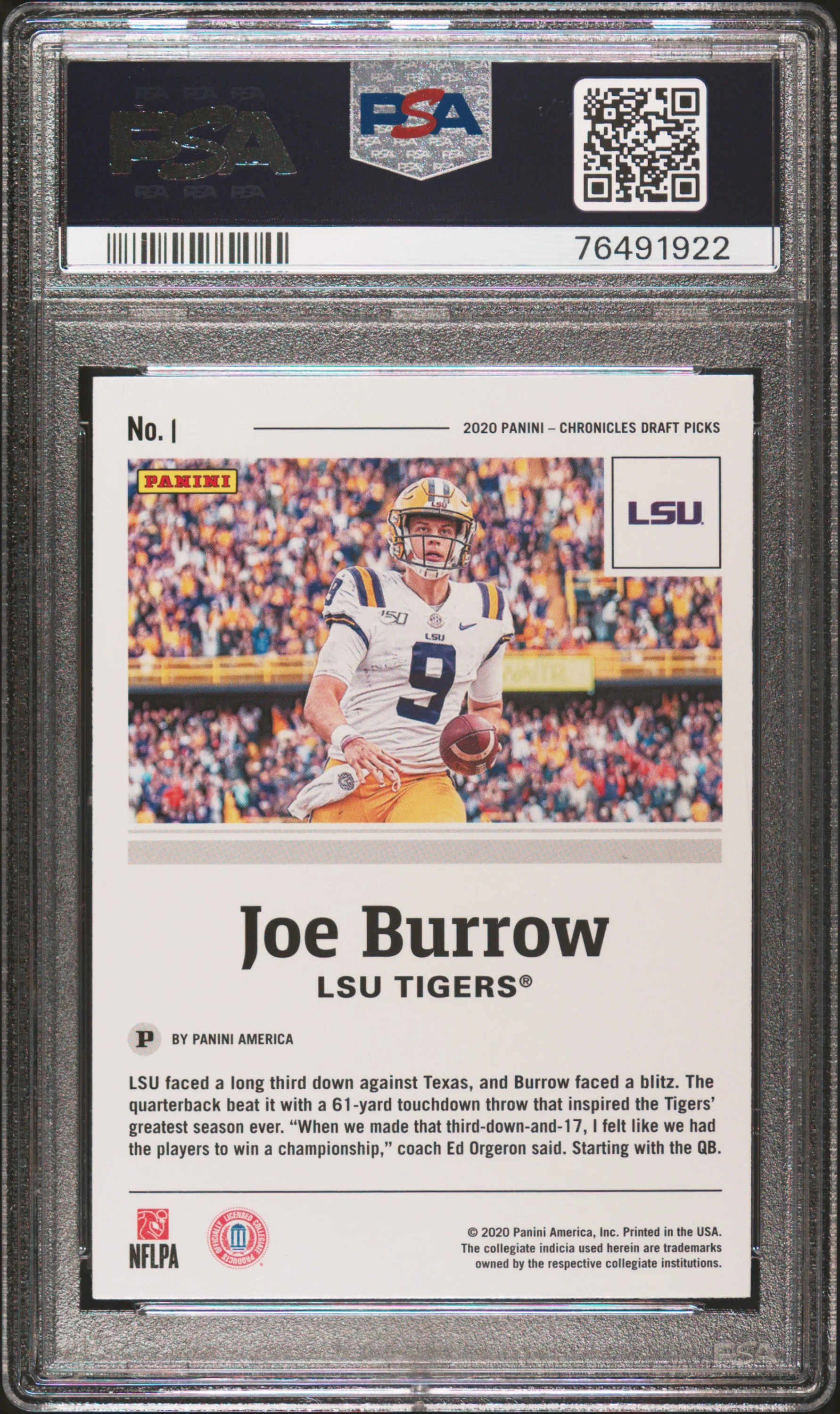 JOE BURROW | 2020 PANINI CHRONICLES DRAFT PICKS 1 | PSA MINT 9 - Image 2