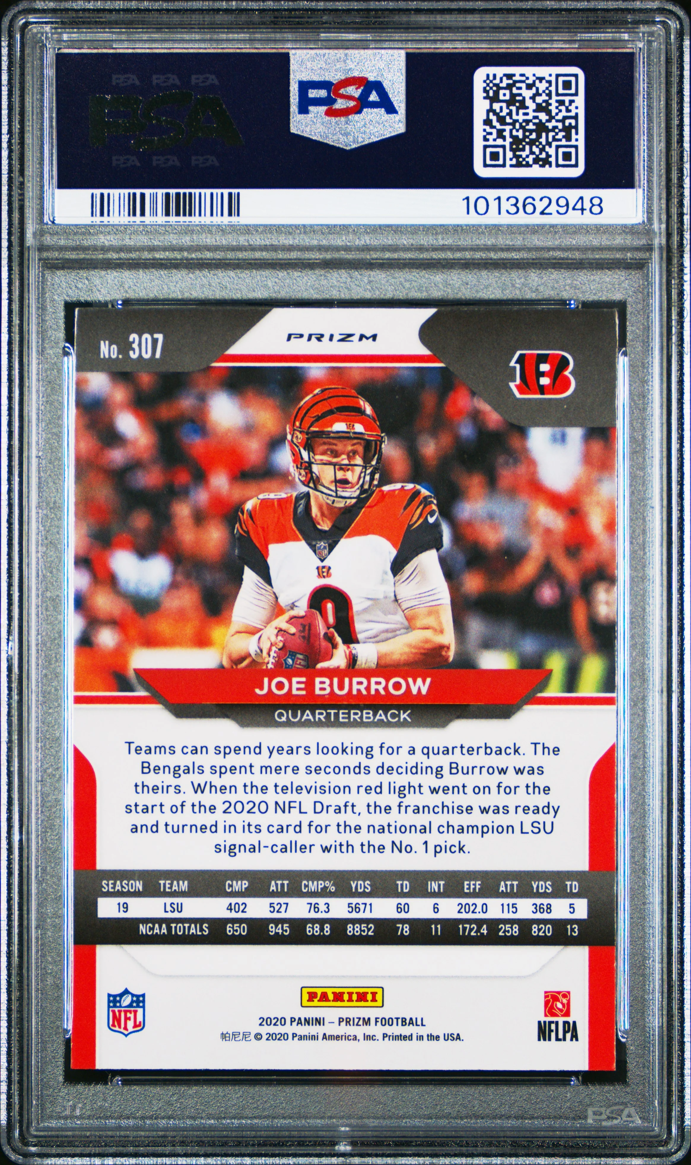 JOE BURROW | 2020 PANINI PRIZM 307 | RED/WHITE/BLUE PRIZM | PSA GEM MT 10 - Image 2