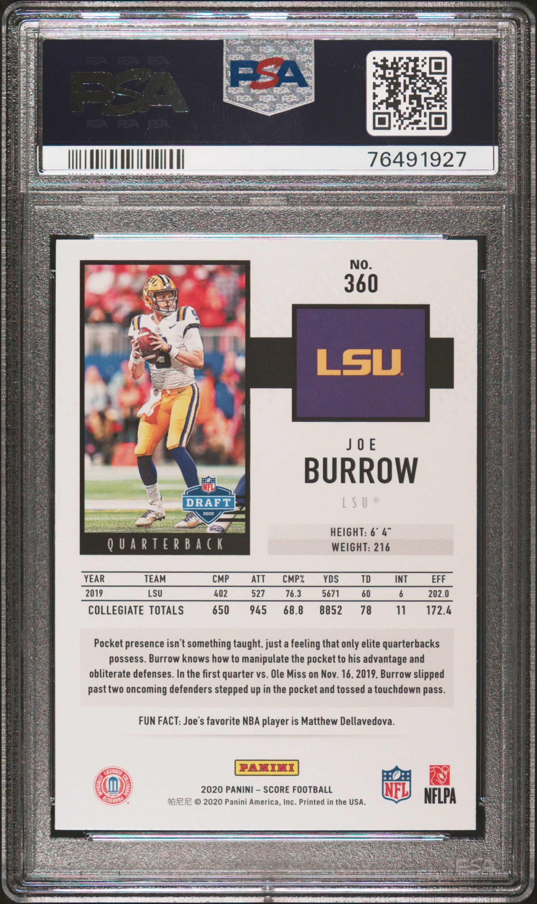JOE BURROW | 2020 PANINI SCORE 360 | PSA MINT 9 - Image 2