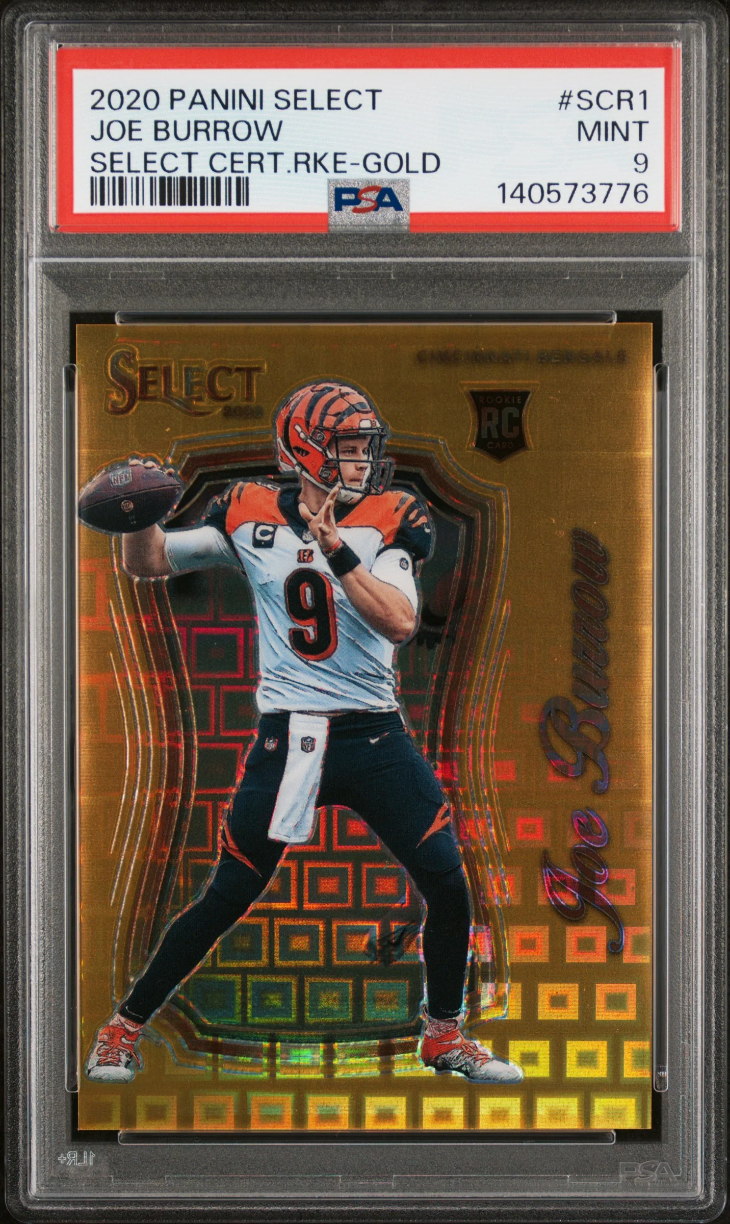 JOE BURROW | 2020 PANINI SELECT SELECT CERTIFIED ROOKIES SCR1 | SELECT CERT.RKE-GOLD | PSA MINT 9