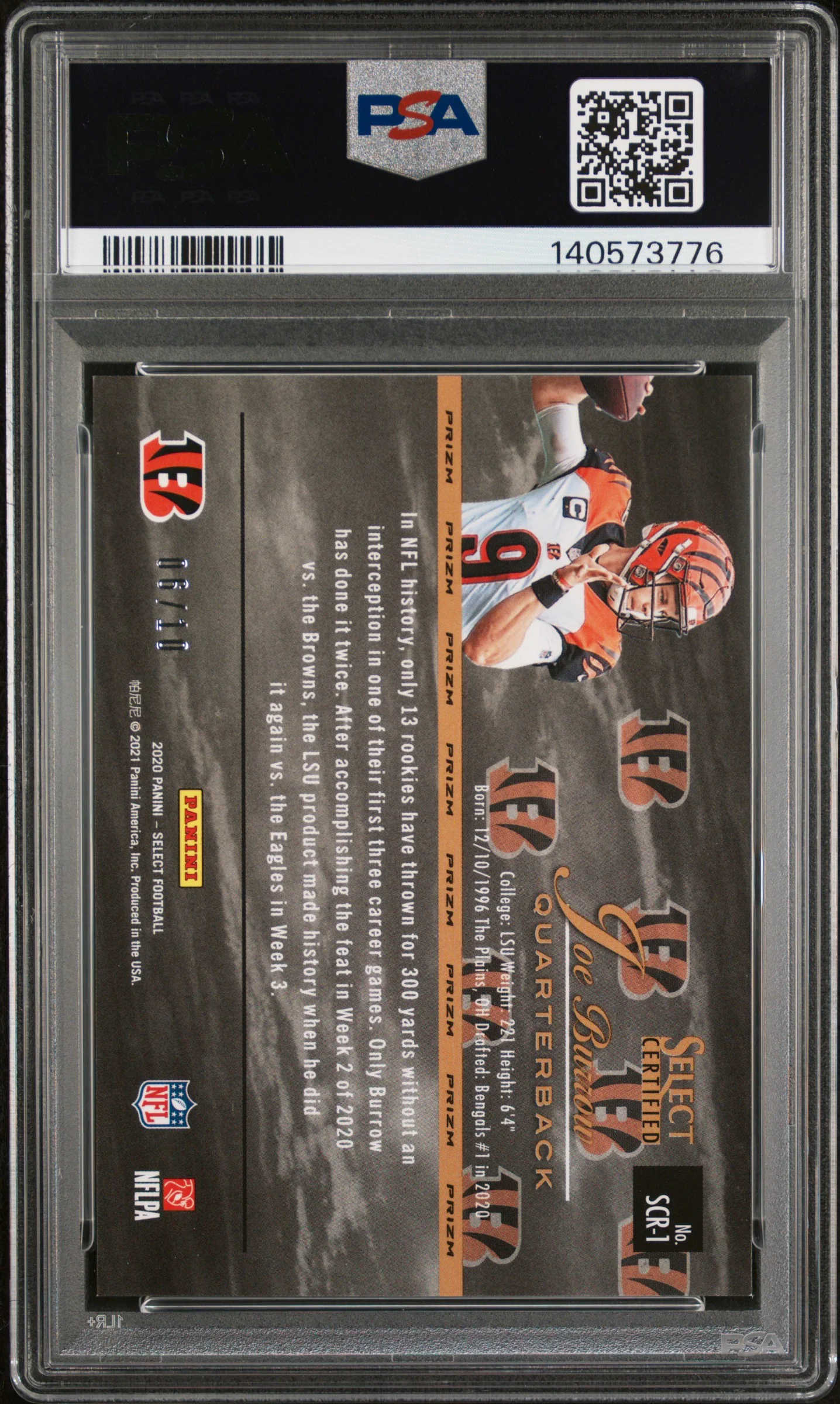 JOE BURROW | 2020 PANINI SELECT SELECT CERTIFIED ROOKIES SCR1 | SELECT CERT.RKE-GOLD | PSA MINT 9 - Image 2