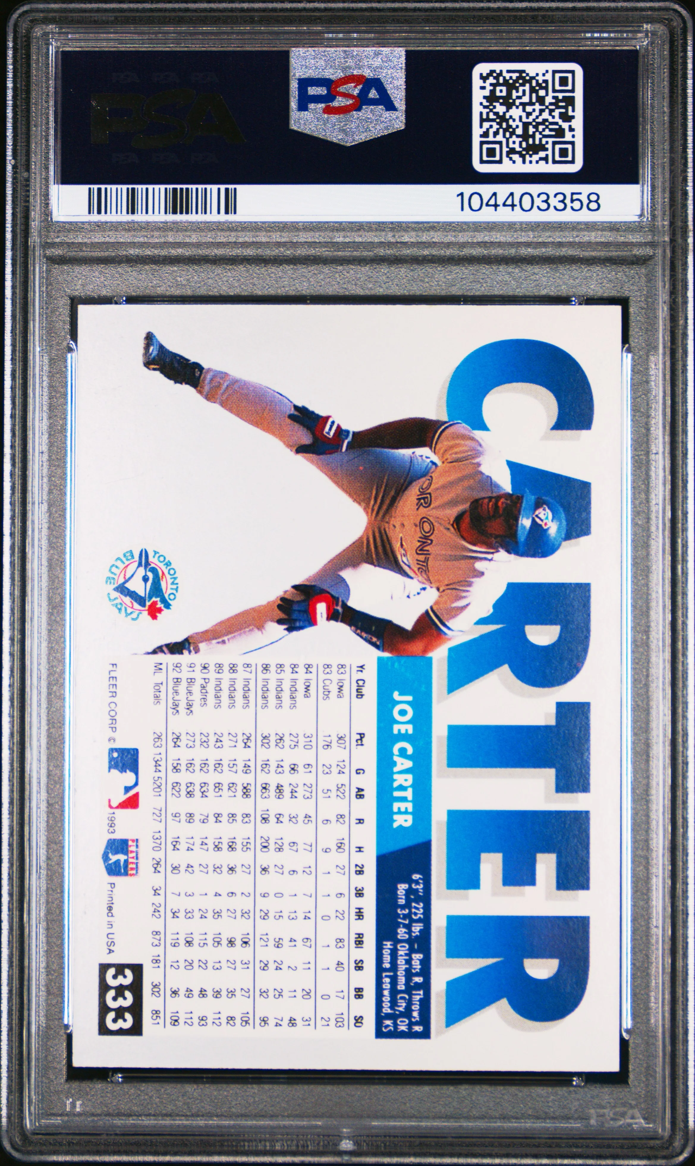 JOE CARTER | 1993 FLEER 333 | PSA NM-MT 8 - Image 2