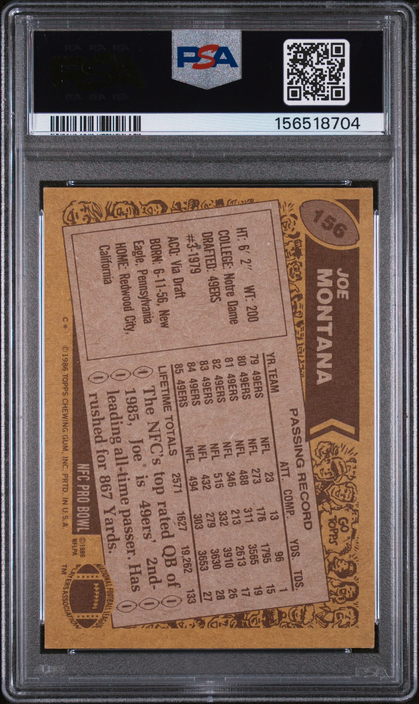 JOE MONTANA | 1986 TOPPS 156 | PSA EX-MT 6 - Image 2