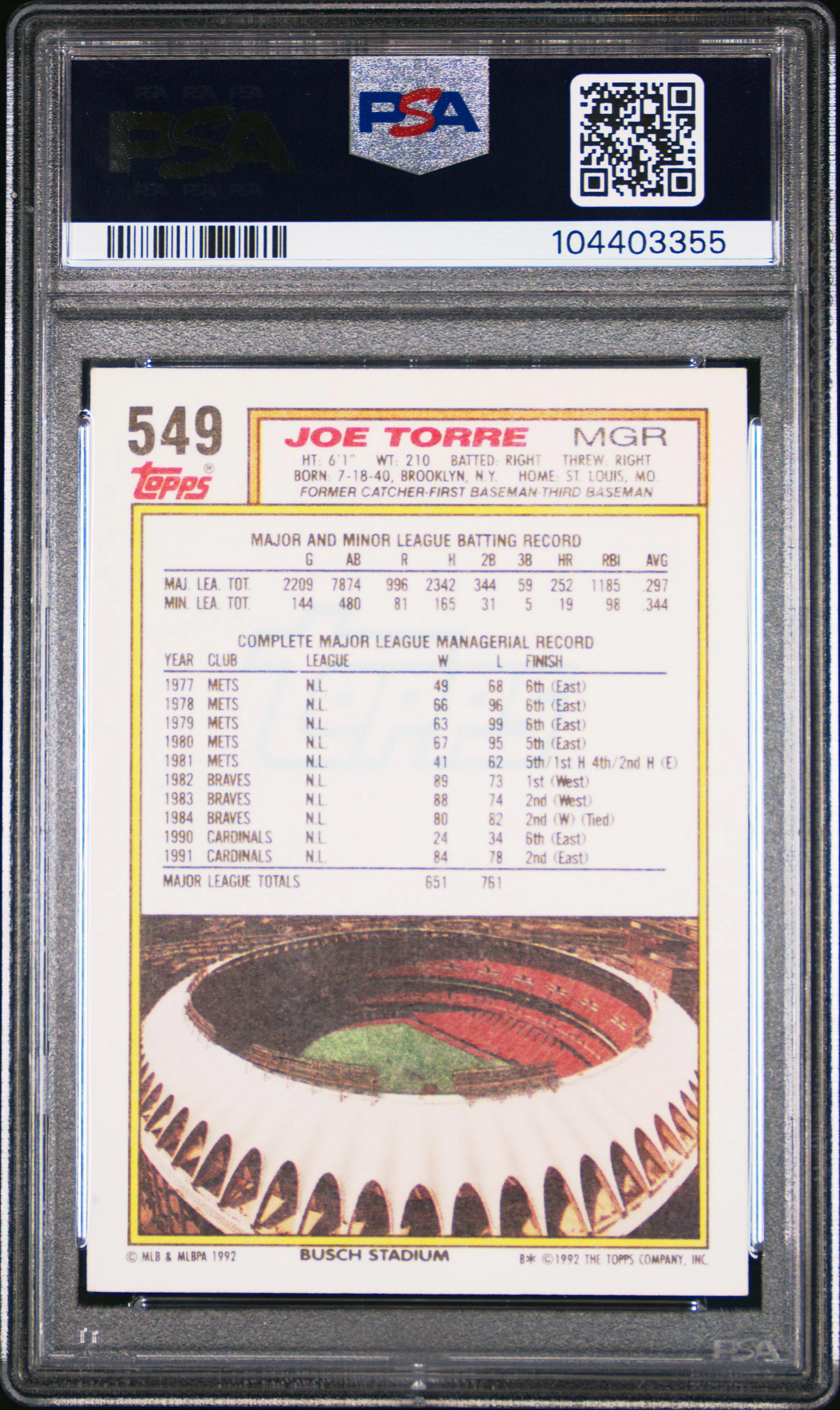 JOE TORRE | 1992 TOPPS 549 | PSA NM 7 - Image 2