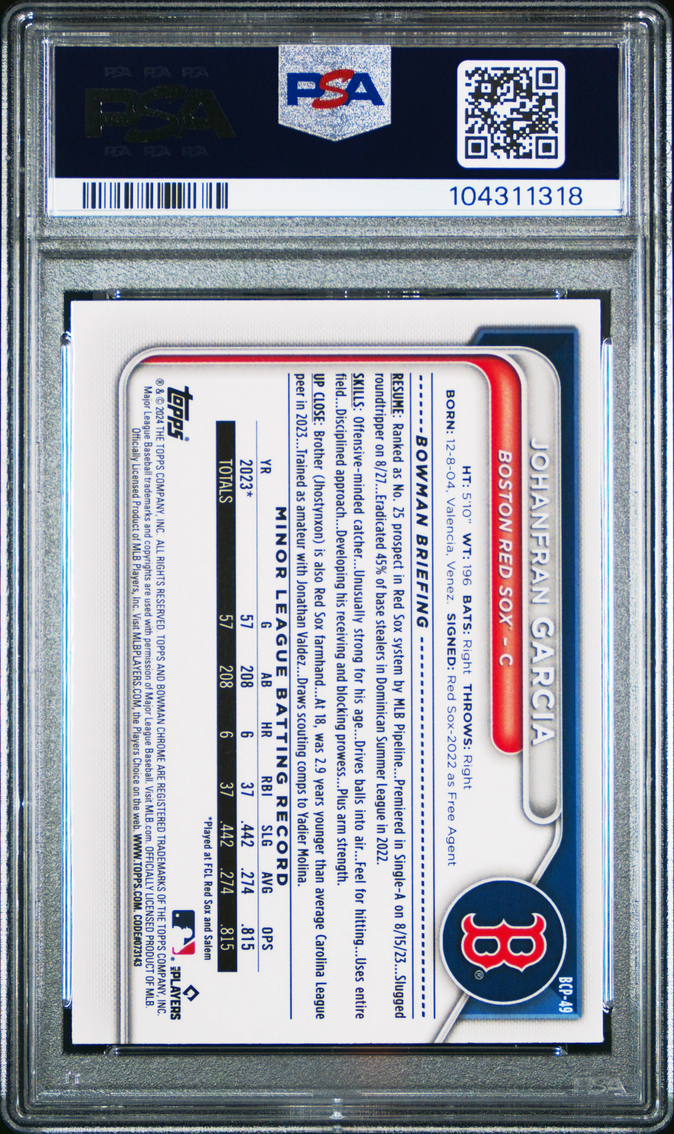 JOHANFRAN GARCIA | 2024 BOWMAN SAPPHIRE EDITION CHROME PROSPECTS BCP49 | CHROME PROSPECT-YELLOW | PSA GEM MT 10 - Image 2