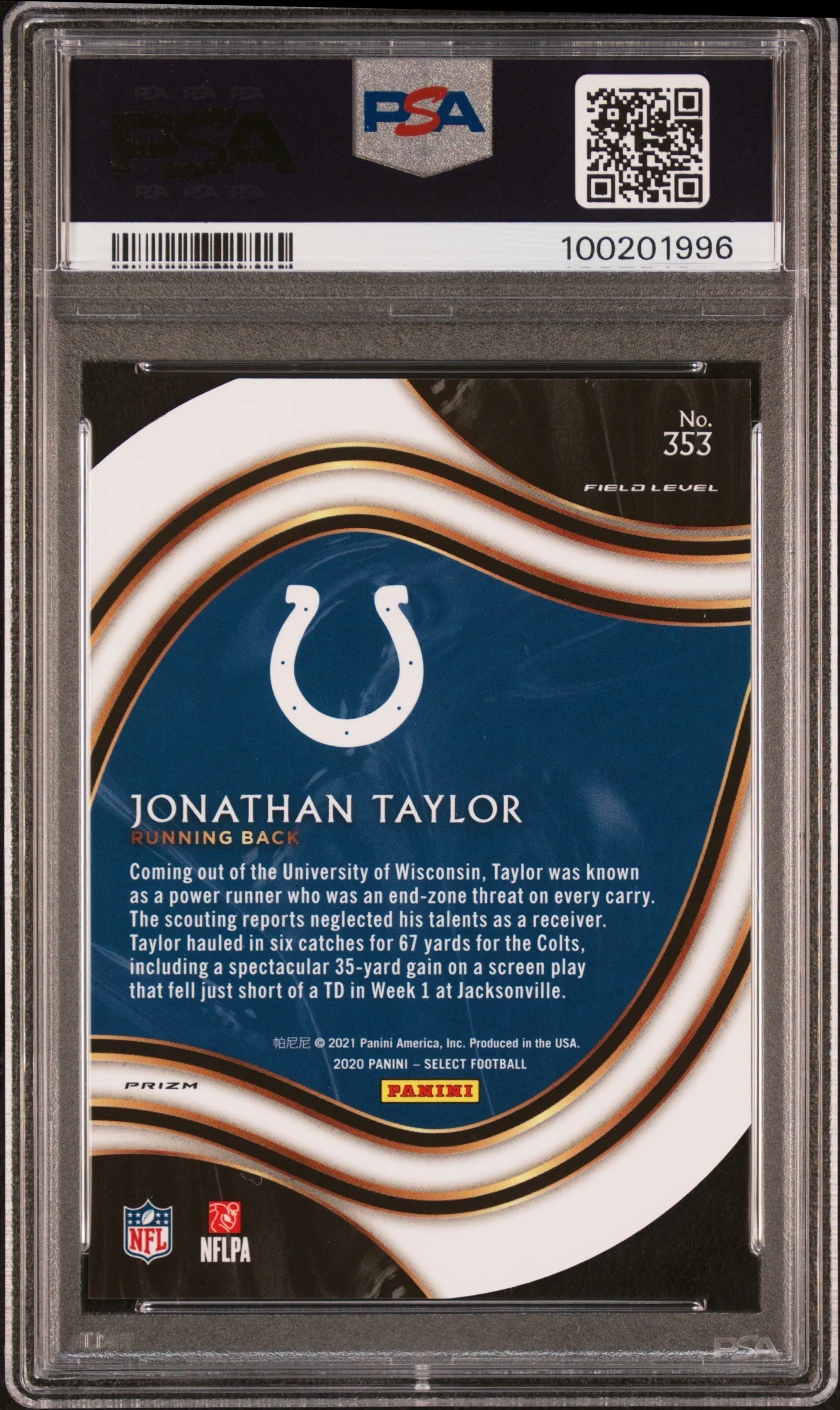 JONATHAN TAYLOR | 2020 PANINI SELECT 353 | DIE-CUT LIGHT BLUE PRIZM | PSA MINT 9 - Image 2