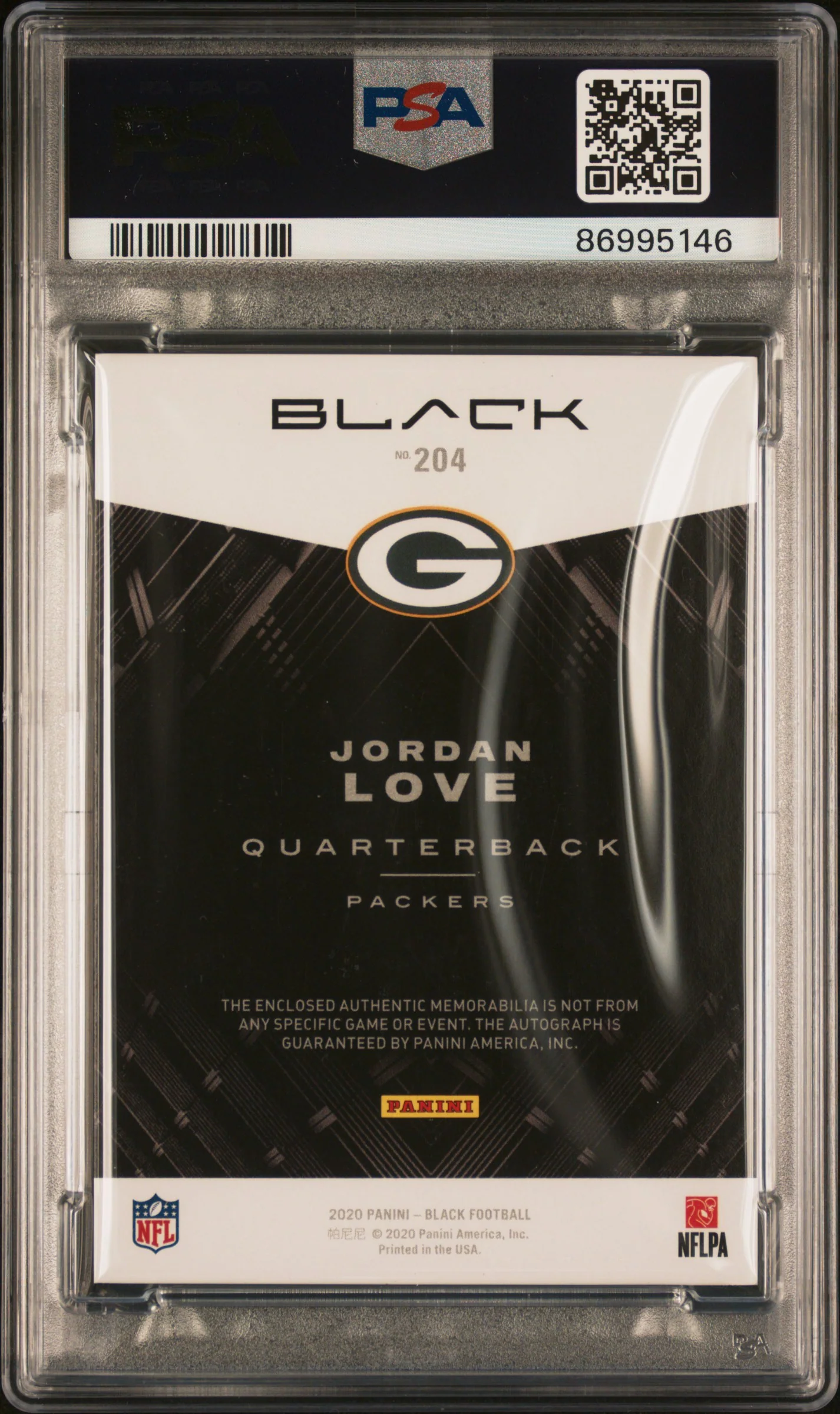 JORDAN LOVE | 2020 PANINI BLACK 204 | PATCH AUTO-COPPER | PSA NM 7 - Image 2