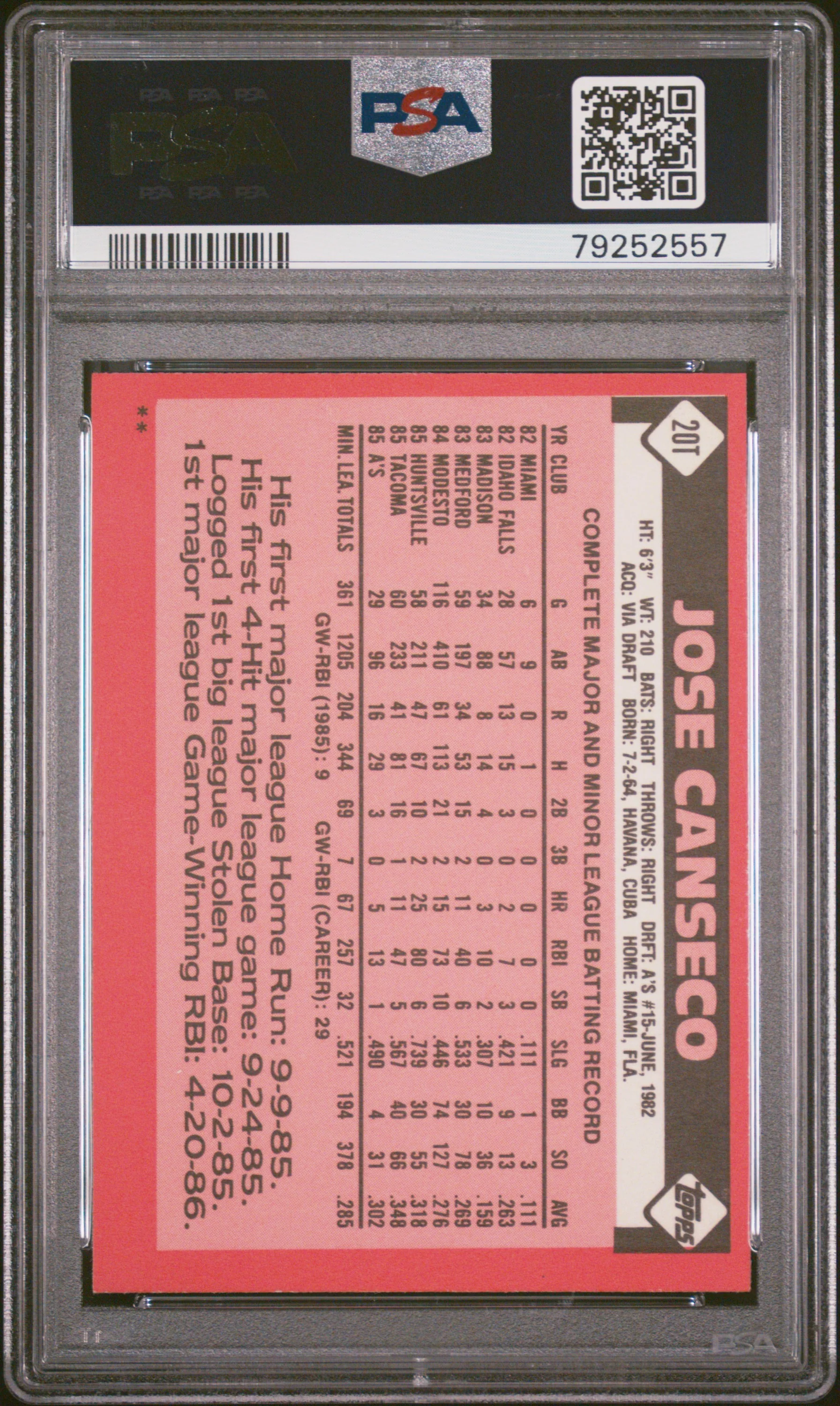 JOSE CANSECO | 1986 TOPPS TRADED 20T | PSA NM-MT 8 - Image 2