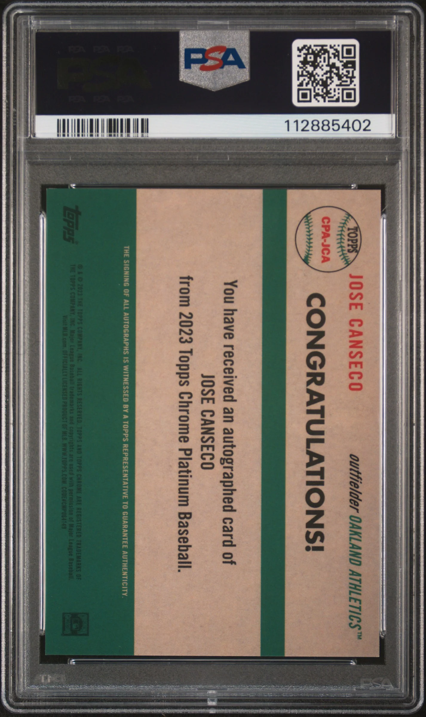 JOSE CANSECO | 2023 TOPPS CHROME PLATINUM ANNIVERSARY AUTOGRAPHS JCA | AUTOGRAPH-GOLD REFRACTOR | PSA GEM MT 10 - Image 2